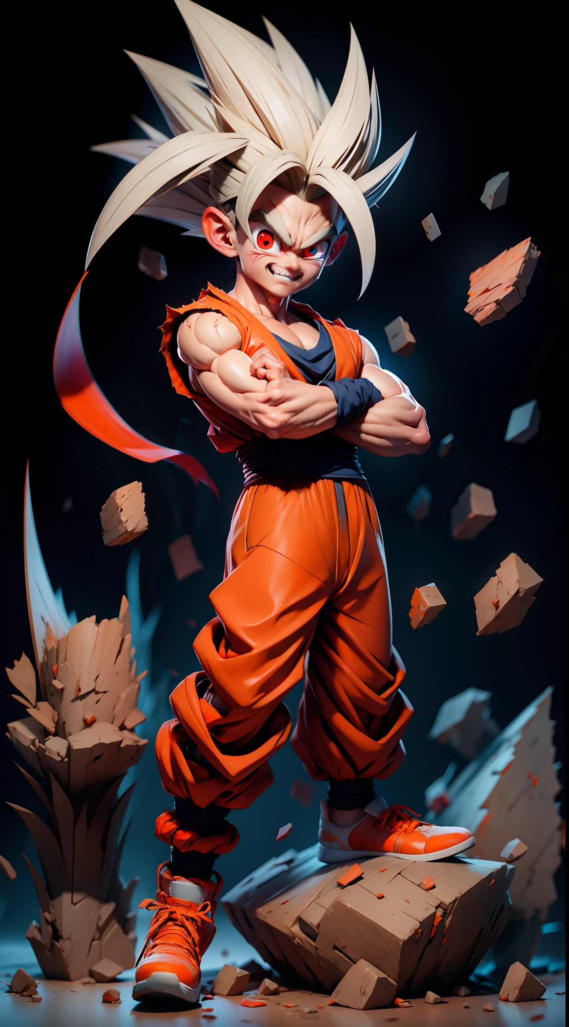 masterpiece, best quality, ultra-detailed, Adult Gohan 1boy, solo, Full body, evil smile, grey hair, spiked hair, (((red eyes))), (((perfect eyes))), (((orange dougi))), full body, looking at viewer, male focus, earth \(planet\), planet, space, cracked ground and lots of rocks rising up, lots of debris going up, perfect hands . Cute, chibi,