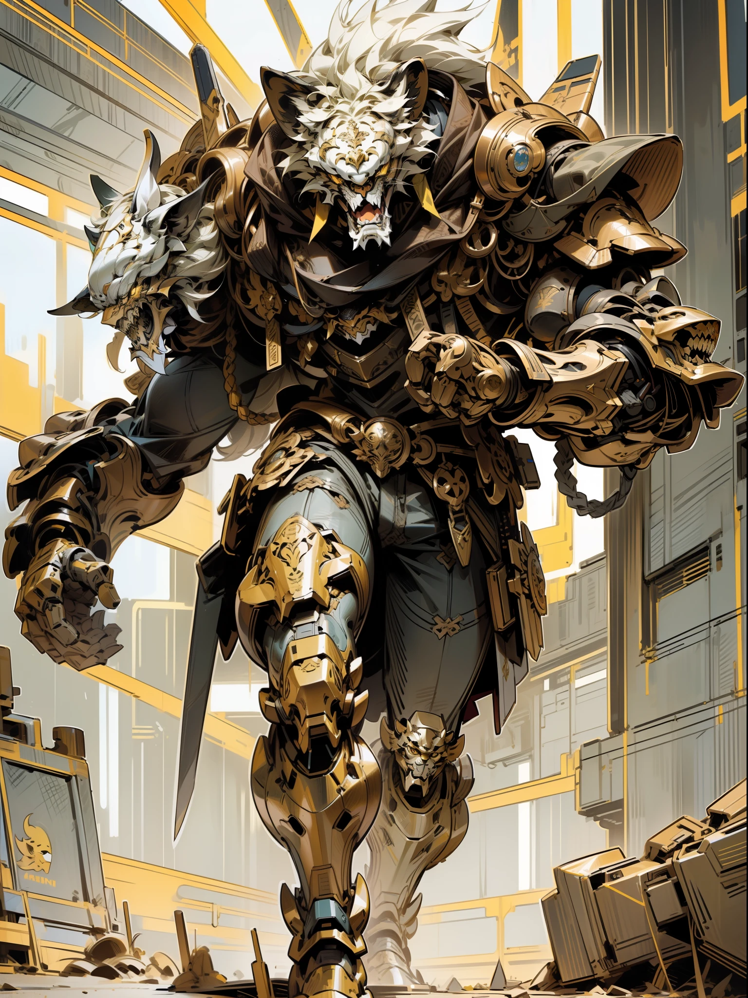 (Masterpiece) A lion mask in antique armor, (fine facial details) pedestrian warrior, weapon in hand, cyberpunk style color scheme, ((intricate detail, super detailed)) 8K.