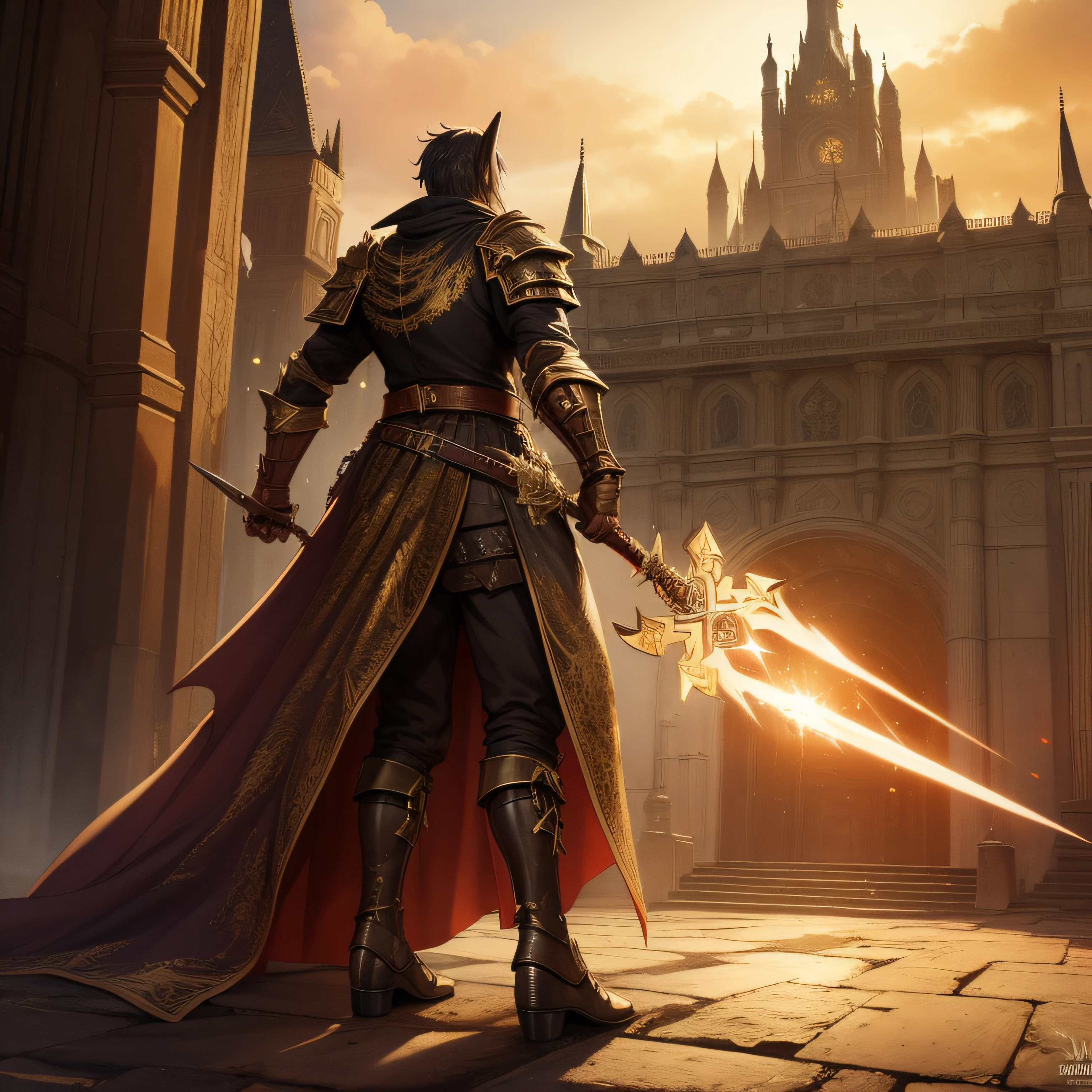 um guerreiro estilo de armadura fantasia, Golden armor with lots of reflection and a shadowy castle behind in the style of the game blood borne