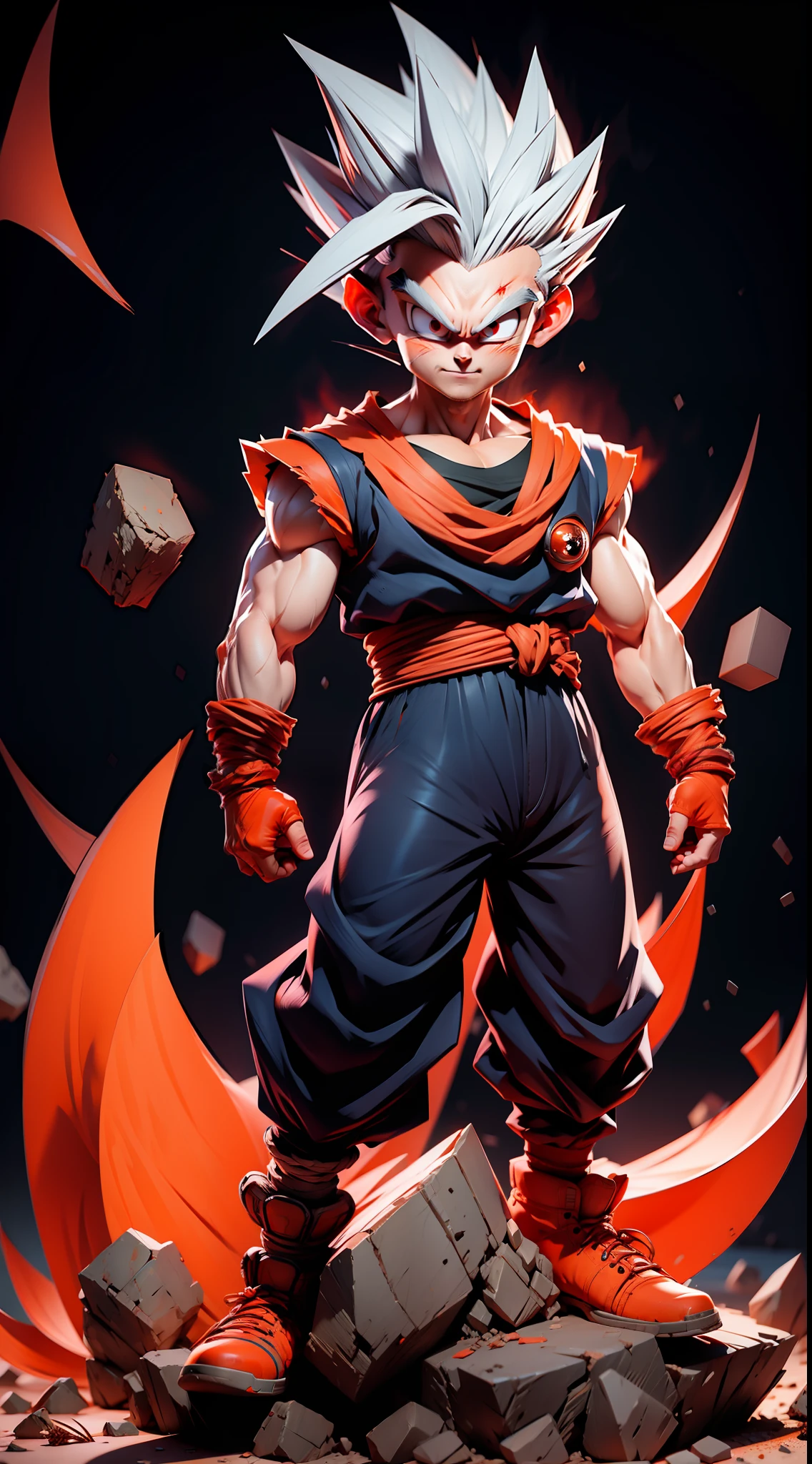 masterpiece, best quality, ultra-detailed, Adult Gohan 1boy, solo, Full body, evil smile, grey hair, spiked hair, (((red eyes))), (((perfect eyes))), (((orange dougi))), full body, looking at viewer, male focus, earth \(planet\), planet, space, cracked ground and lots of rocks rising up, lots of debris going up, perfect hands . Cute, chibi,