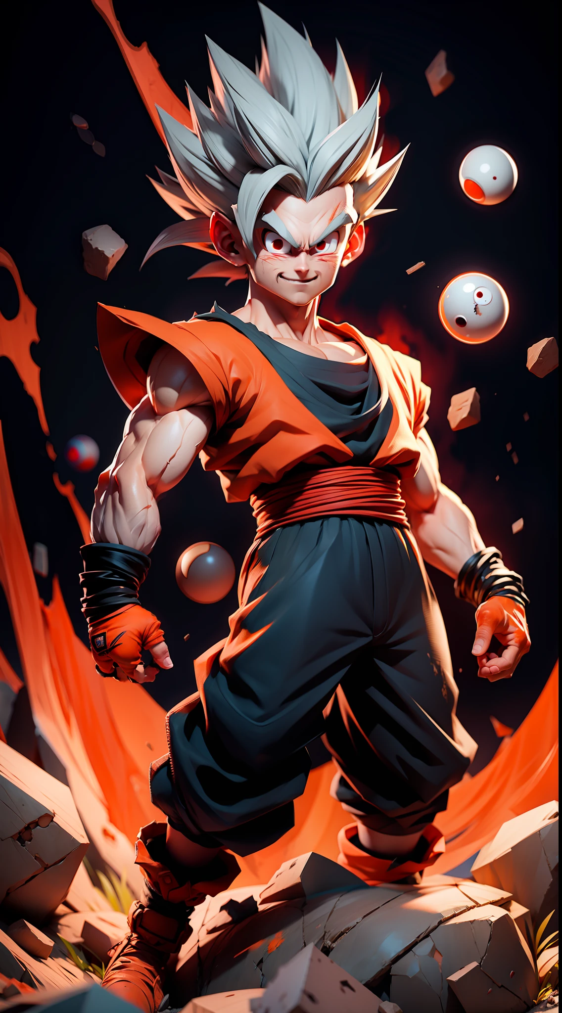masterpiece, best quality, ultra-detailed, Adult Gohan 1boy, solo, Full body, evil smile, grey hair, spiked hair, (((red eyes))), (((perfect eyes))), (((orange dougi))), full body, looking at viewer, male focus, earth \(planet\), planet, space, cracked ground and lots of rocks rising up, lots of debris going up, perfect hands . Cute, chibi,