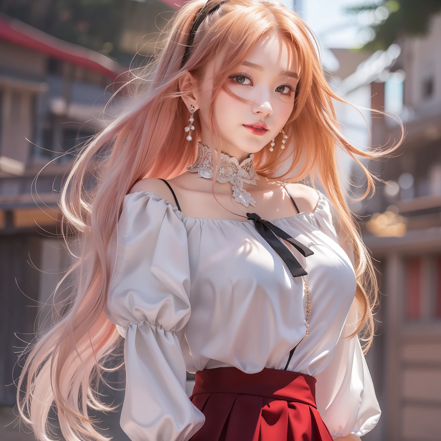 low angles, Background of Simple Village, one girls,a smile, Lady, 8k,, Best Quality, Best Illustration,Stunning character art,epic exquisite character art,Detailed Digital Anime Art, extremely delicate and beautiful, glowing earrings, Beautiful red eyes, roundly eyes, Eyes Like Gems, Twinkle Eyes, Glowing eyes, finely detail, Beautiful detailed girl, strong breeze, Hair flutters, Slender face, lip stick, 鎖骨, beutiful breast,length hair, Beautiful face, Half-up hairstyle, Upstyle,Pearl Black Gradient Hair, Shiny hair,Shiny skin, Hair hanging over one eye, Light red inner hair, Look back, suprised, ((Pleated long skirt)), ((Skirt flutters in the wind)),Black fishnet stockings,White blouse in open chest,((Red high heel with black shiny heel)),