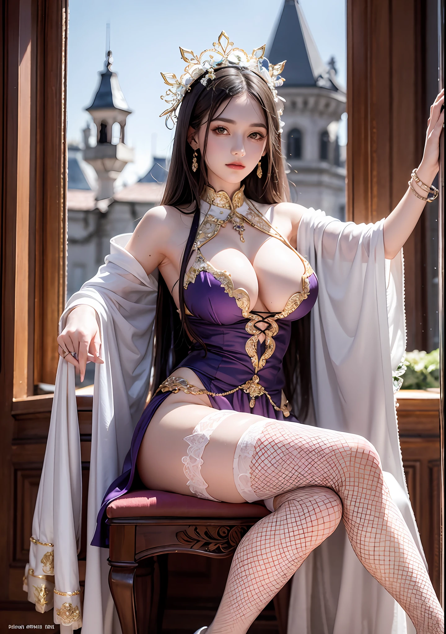 Arapefi, Princess dress, The man in purple sat on the throne, wearing high heels,Look from the front,next to a big window, close-up from the front, next to a window, sitting in a castle, Sense of transparency,(oversized boobs,1.5),Expose cleavage,Turn around and look at the camera,tmasterpiece,Flawless,Sense of transparency,Empty inspiration,More details and decoration,(Expose the whole body,1.8),Exposing thighs,,long leges,8K,(Wear decorations such as rings,1.9),White-colored skin,Ornate ornament,Waist stockings,one-girl