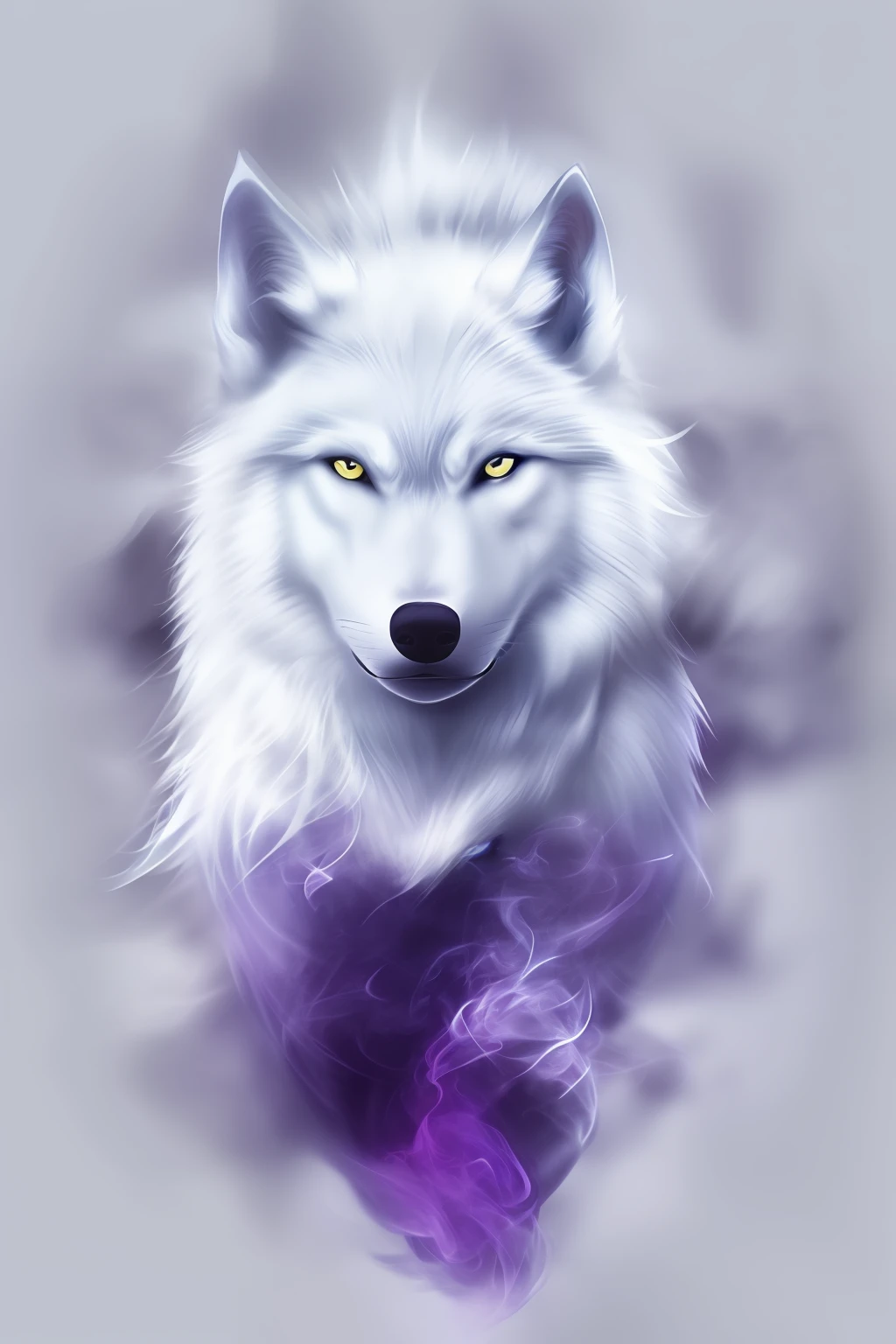Create a white wolf T-shirt print from blue crimson smoke|fundo roxo, olhando para lente