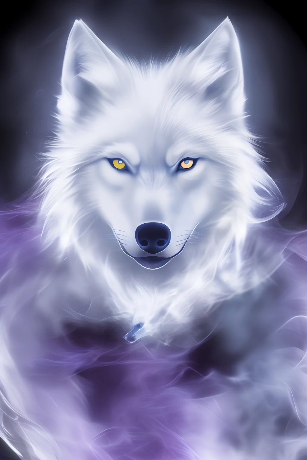 Create a white wolf T-shirt print from blue crimson smoke|fundo roxo, olhando para lente