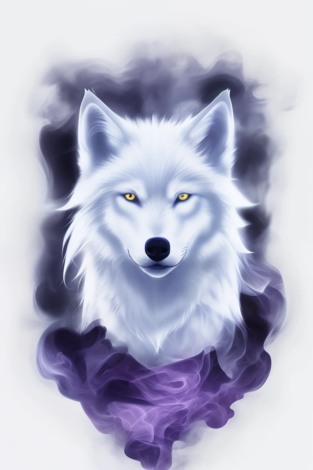 Create a white wolf T-shirt print from blue crimson smoke|fundo roxo, olhando para lente