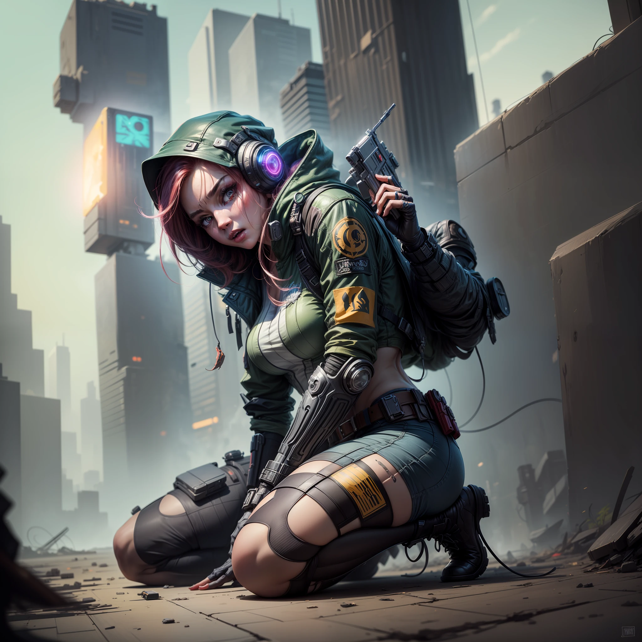 (imagine & draw a masterpiece:1.5) :: action scene :: a creature out of the deepest cosmos, kneeling :: a fusion of Cyberpunk & Solarpunk,glowing,red-eyed :: wearing tacticool outfit :: a fusion of GTA & LoL esthetics :: Vector:1.5 Style :: Digital Painting :: by James Jean & Artgerm & Craig Mullins
