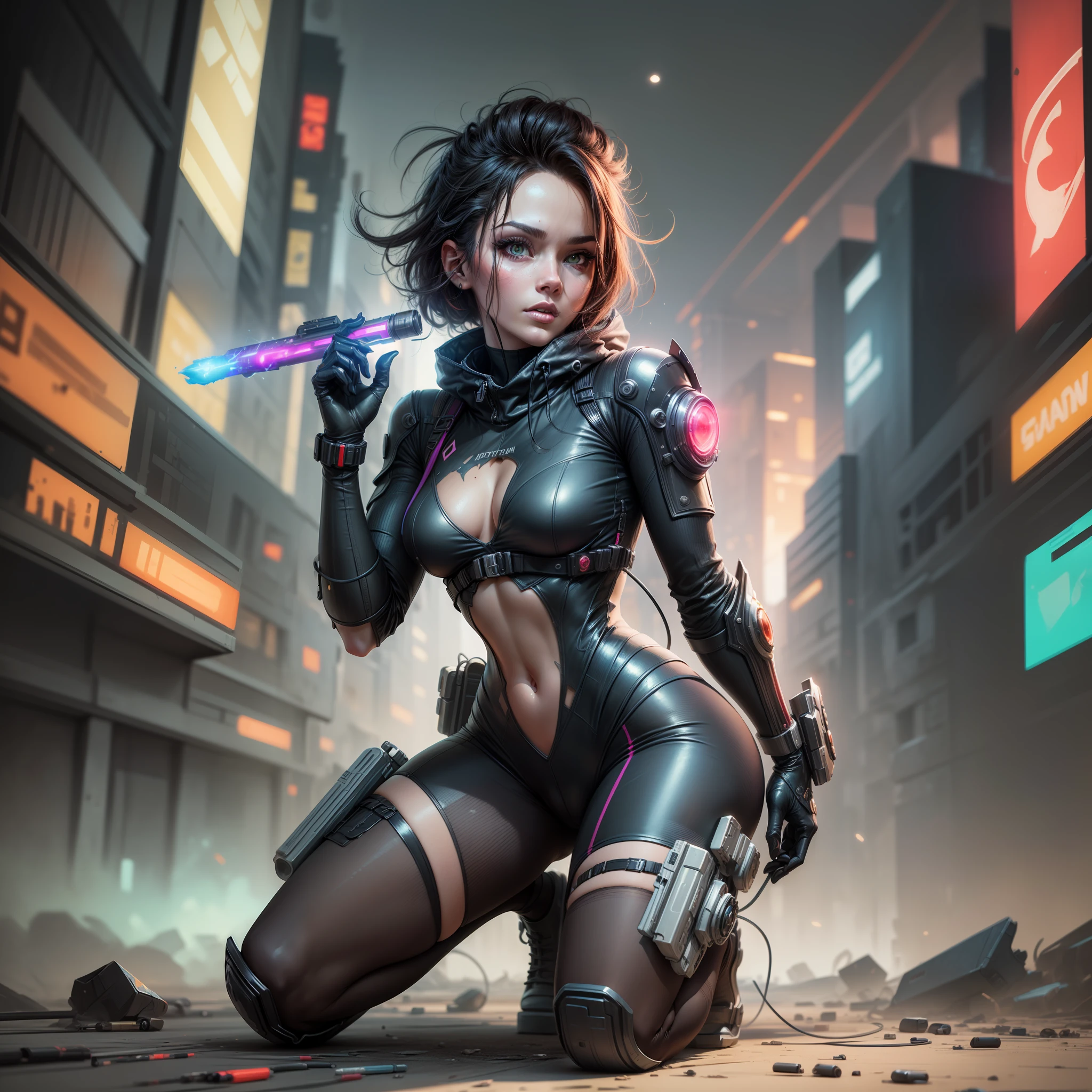 (imagine & draw a masterpiece:1.5) :: action scene :: a creature out of the deepest cosmos, kneeling :: a fusion of Cyberpunk & Solarpunk,glowing,red-eyed :: wearing tacticool outfit :: a fusion of GTA & LoL esthetics :: Vector:1.5 Style :: Digital Painting :: by James Jean & Artgerm & Craig Mullins