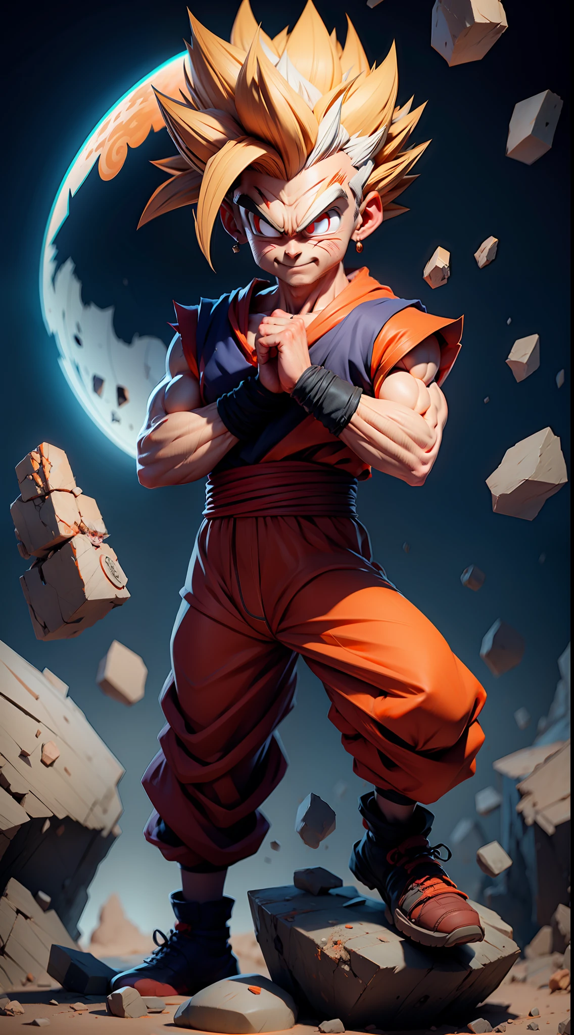 masterpiece, best quality, ultra-detailed, Adult Gohan 1boy, solo, Full body, evil smile, grey hair, spiked hair, (((red eyes))), (((perfect eyes))), (((orange dougi))), full body, looking at viewer, male focus, earth \(planet\), planet, space, cracked ground and lots of rocks rising up, lots of debris going up, perfect hands . Cute, chibi,