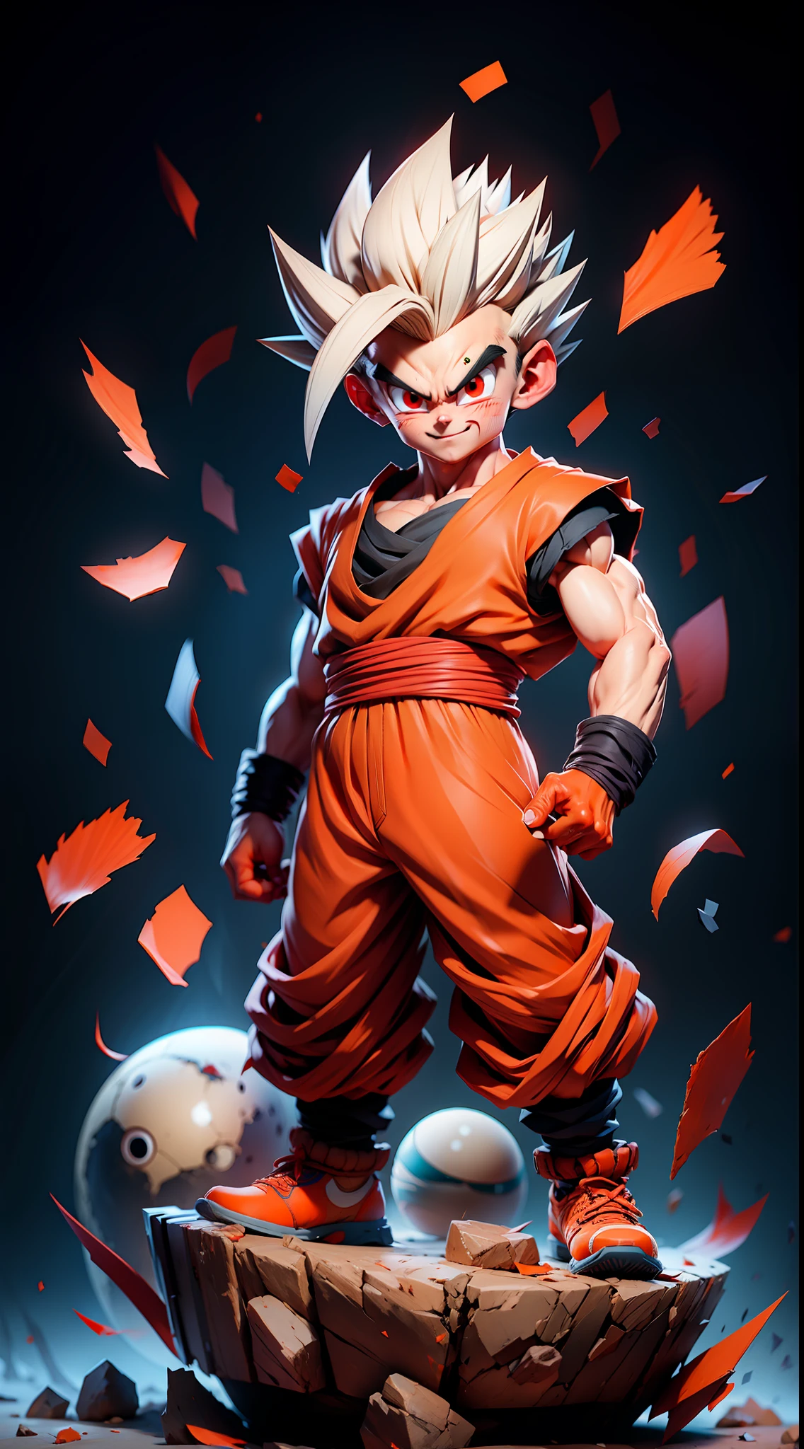 masterpiece, best quality, ultra-detailed, Adult Gohan 1boy, solo, Full body, evil smile, grey hair, spiked hair, (((red eyes))), (((perfect eyes))), (((orange dougi))), full body, looking at viewer, male focus, earth \(planet\), planet, space, cracked ground and lots of rocks rising up, lots of debris going up, perfect hands . Cute, chibi,