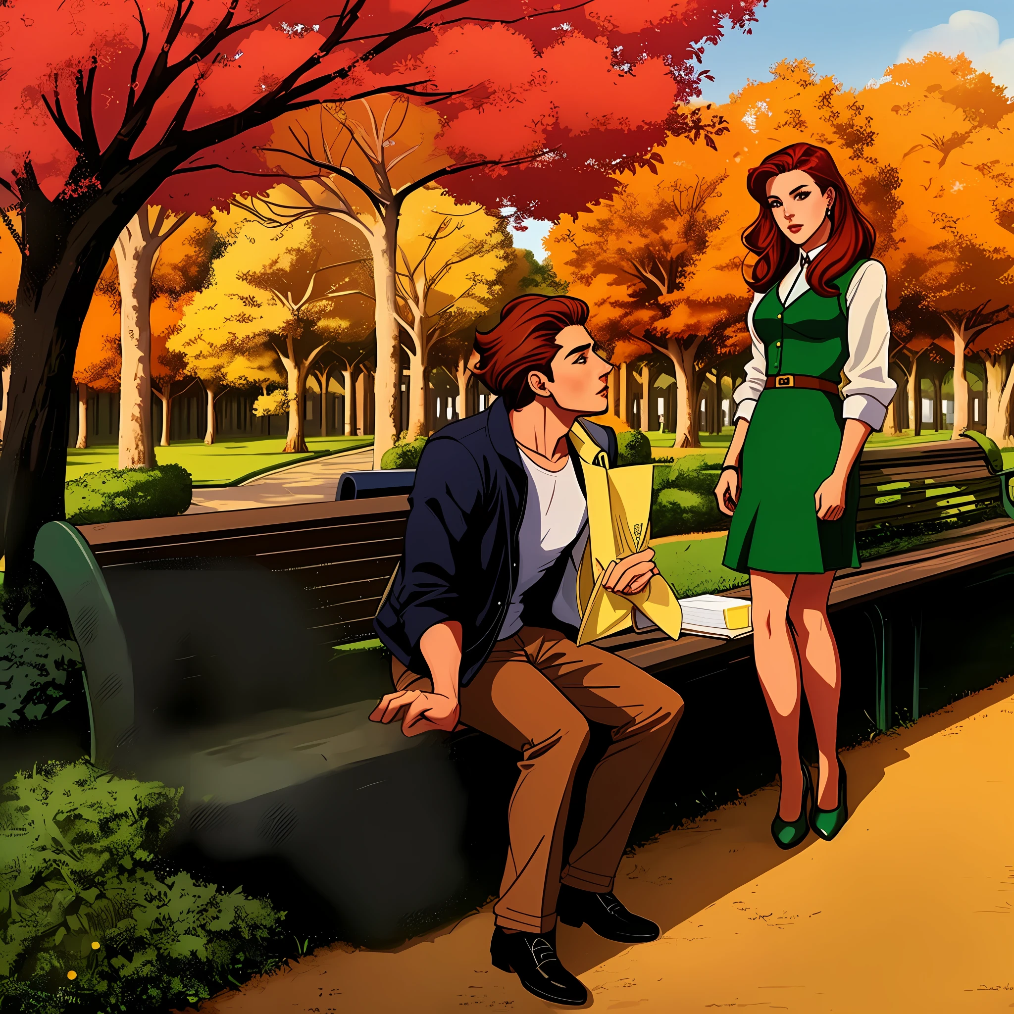 There is a man and a woman sitting on a bench in a park, ( Arte Fitzpatrick ), sentado em um banco de parque, Arte no estilo de Terry Moore, sentado em um banco, sentado no banco, Archie Andrews, Sente-se em um banco, Dale Keown e Van Sciver, Jamie McKelvie Arte em quadrinhos, em um parque da cidade, no Parque