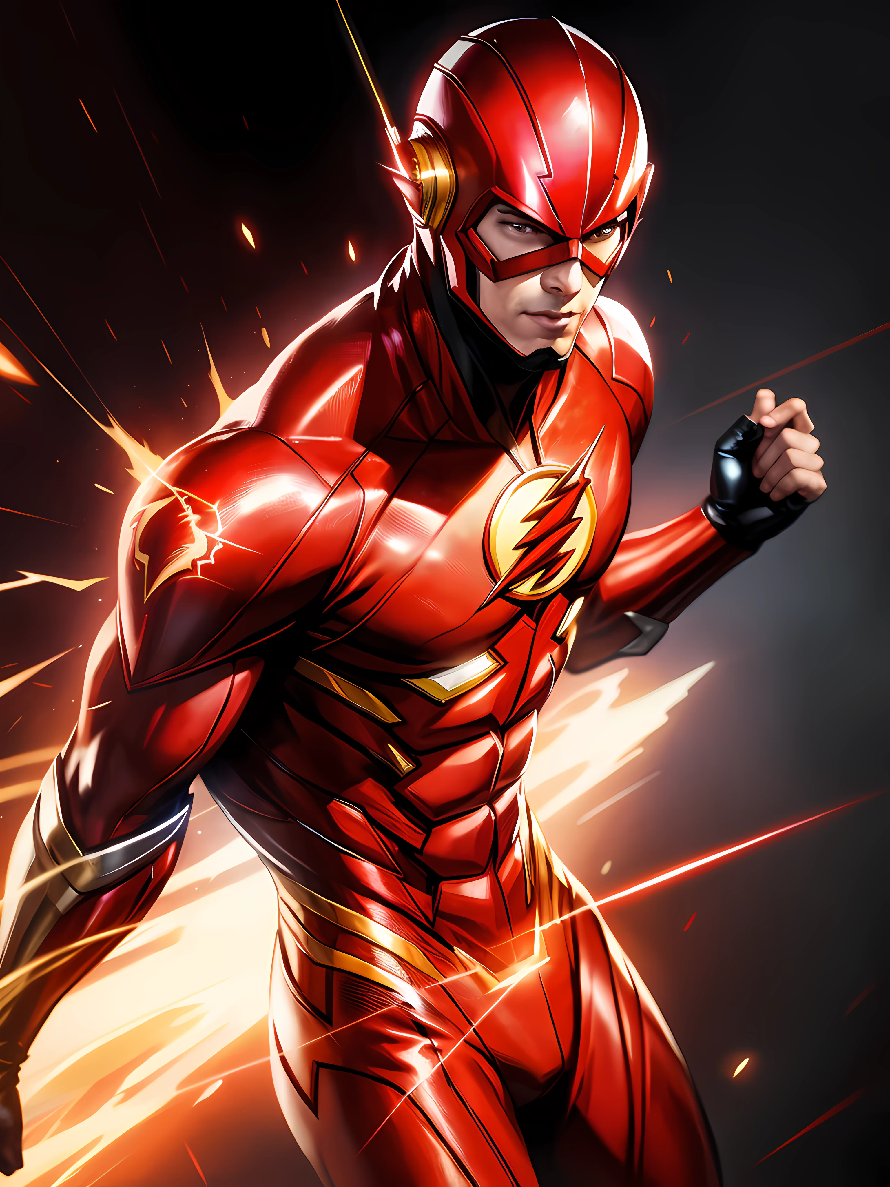 Araffe in a flashing suit running through a dark room, O Flash, imagem lampejo, Speedster, lampejo chamativo elegante, Directed by: Eddie Mendoza, Artgerm JSC, fan art, foto lampejo, Artista CG, sem texto, lampejo, red lightning!!, lampejo ativado, Artgerm Greg Rutkowski _ Greg, Estilo de Arte DC Comics