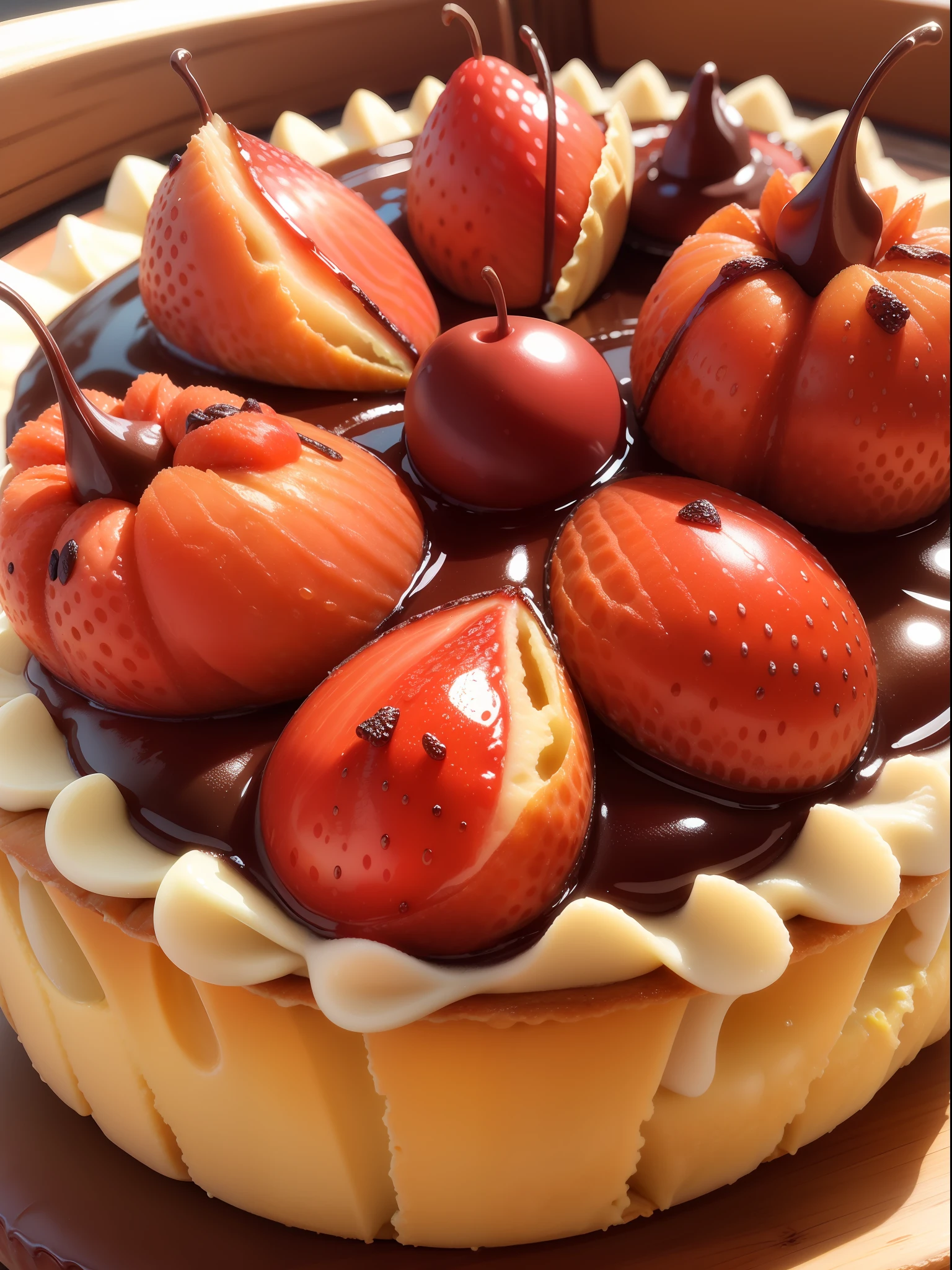 Close up de una mosca sobre un trozo de tarta de nata y fresas