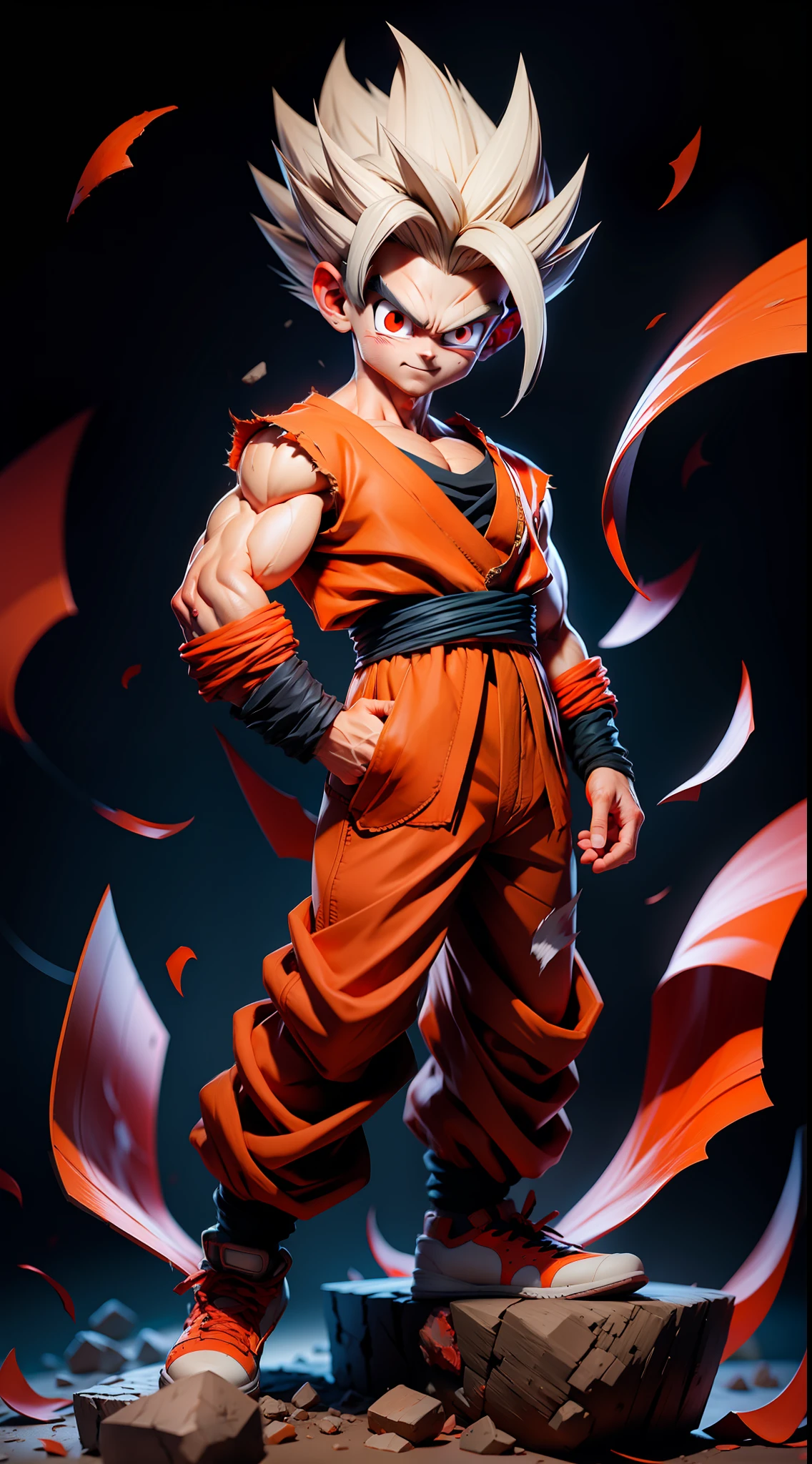 masterpiece, best quality, ultra-detailed, Adult Gohan 1boy, solo, Full body, evil smile, grey hair, spiked hair, (((red eyes))), (((perfect eyes))), (((orange dougi))), full body, looking at viewer, male focus, earth \(planet\), planet, space, cracked ground and lots of rocks rising up, lots of debris going up, perfect hands . Cute, chibi,