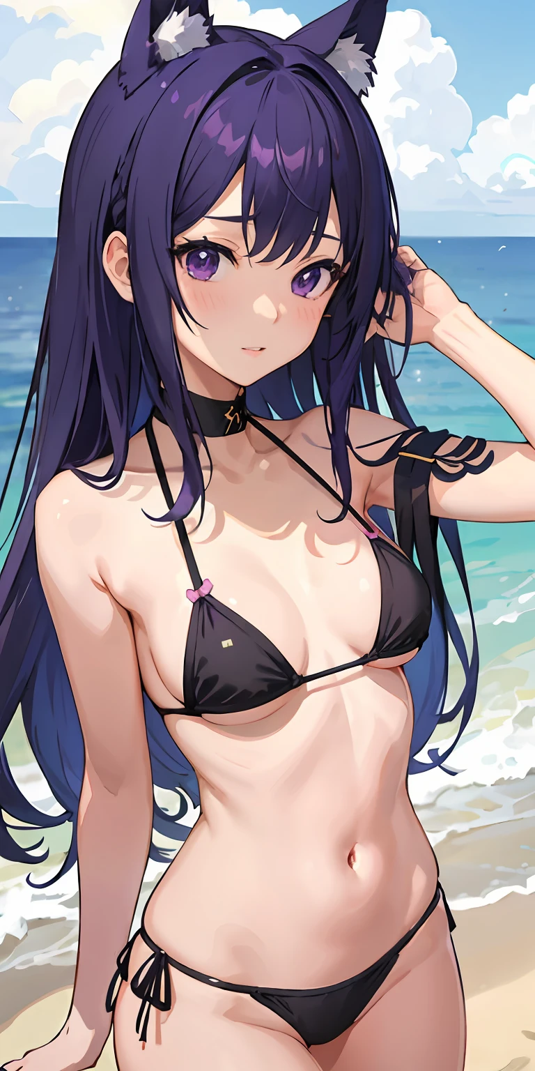 女の子1人、Purple hair、Aimei、portlate、realisitic、the beach、side lights、wall-paper、nsfw、The bikini