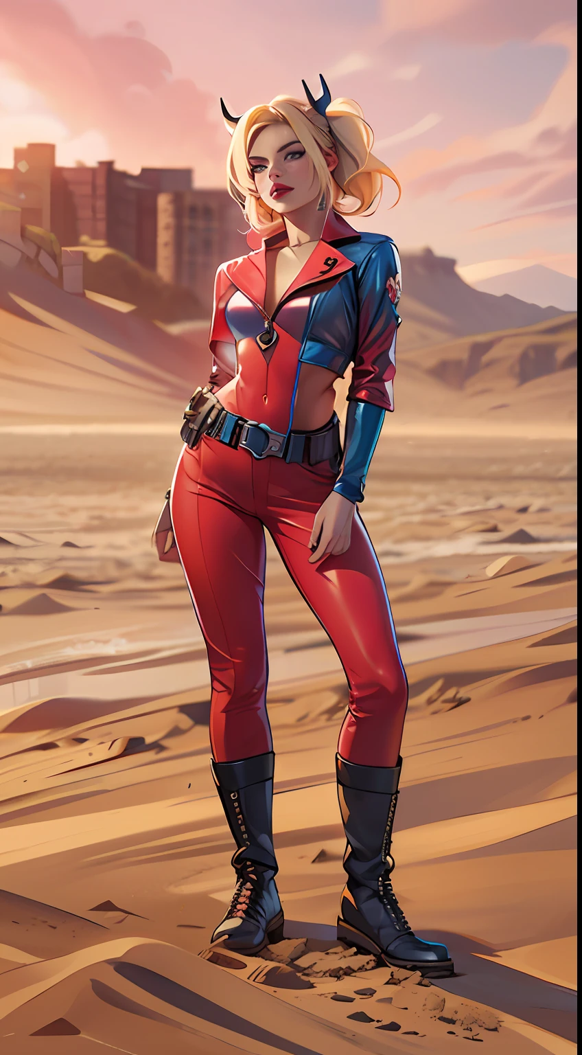 margot robbie as a gorgeous Harley Quinn standing on sand, wind in the hair, (8k:1.2)