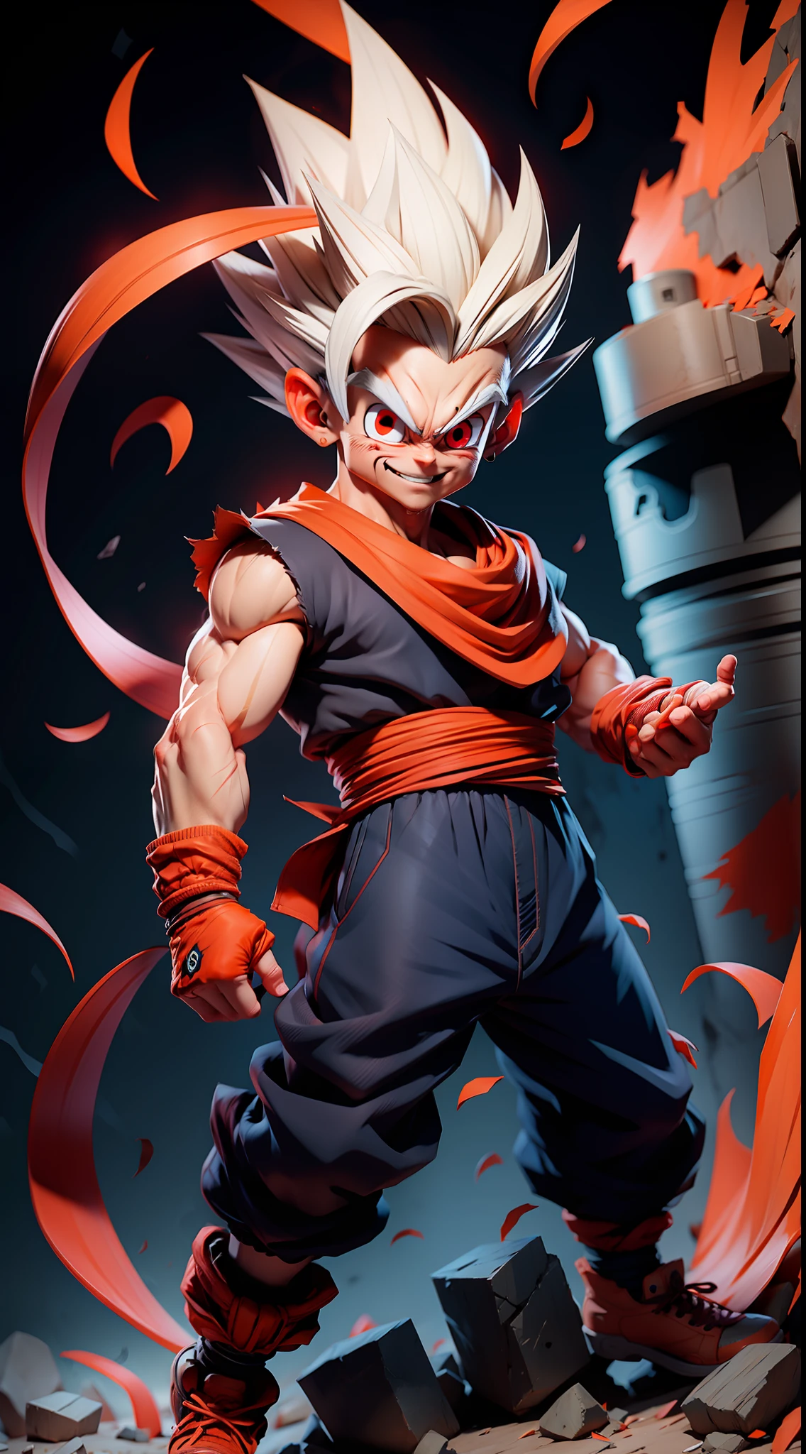 masterpiece, best quality, ultra-detailed, Adult Gohan 1boy, solo, Full body, evil smile, grey hair, spiked hair, (((red eyes))), (((perfect eyes))), (((orange dougi))), full body, looking at viewer, male focus, earth \(planet\), planet, space, cracked ground and lots of rocks rising up, lots of debris going up, perfect hands . Cute, chibi,