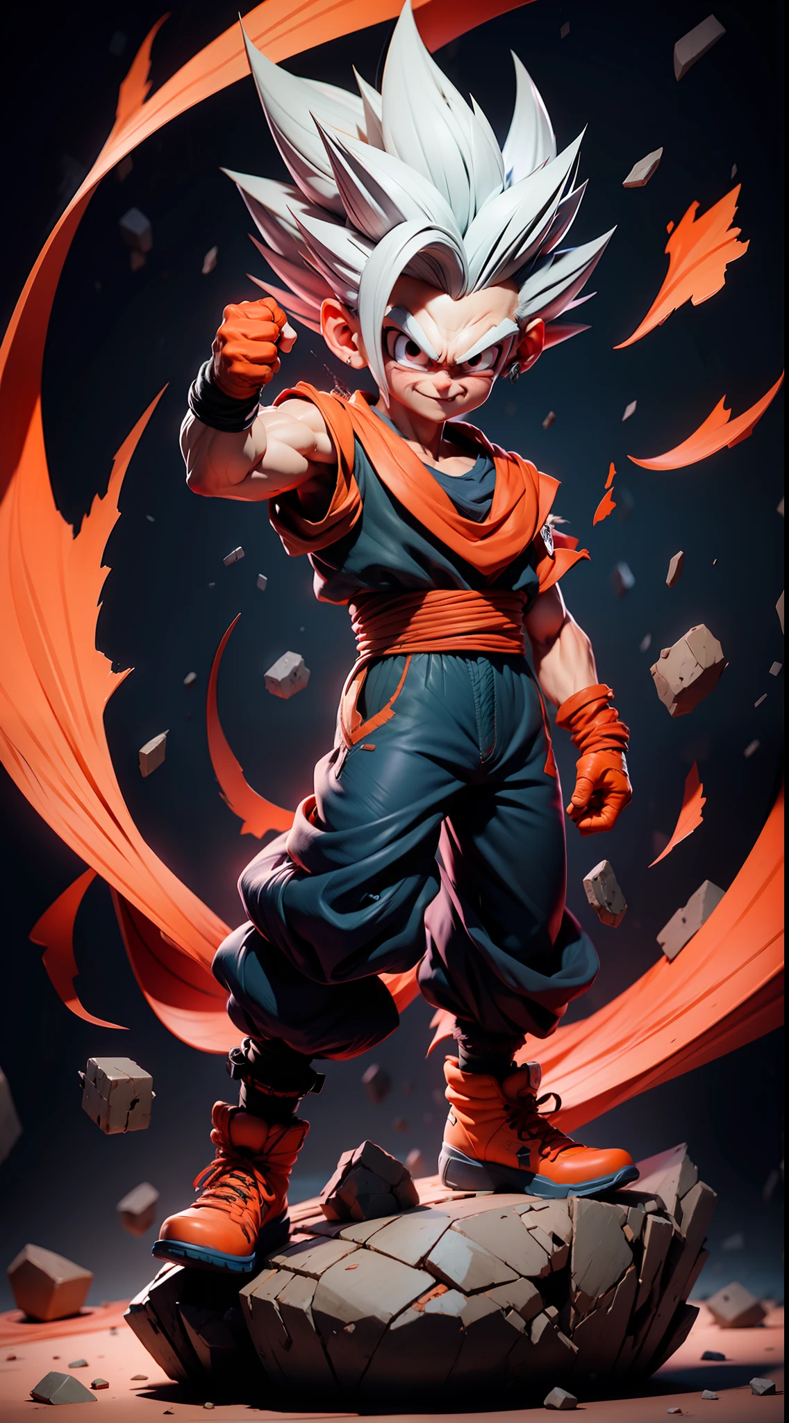 masterpiece, best quality, ultra-detailed, Adult Gohan 1boy, solo, Full body, evil smile, grey hair, spiked hair, (((red eyes))), (((perfect eyes))), (((orange dougi))), full body, looking at viewer, male focus, earth \(planet\), planet, space, cracked ground and lots of rocks rising up, lots of debris going up, perfect hands . Cute, chibi,