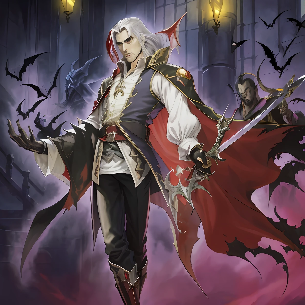 a close up of a person holding a sword and a sword, vampire lord, vampire of clan lasombra, male vampire of clan banu haqim, male vampire, l vampire, count dracula, handsome male vampire, vampire, beautiful male god of death, alucard, castelvania, castlevania, casimir art, dracula, androgynous vampire