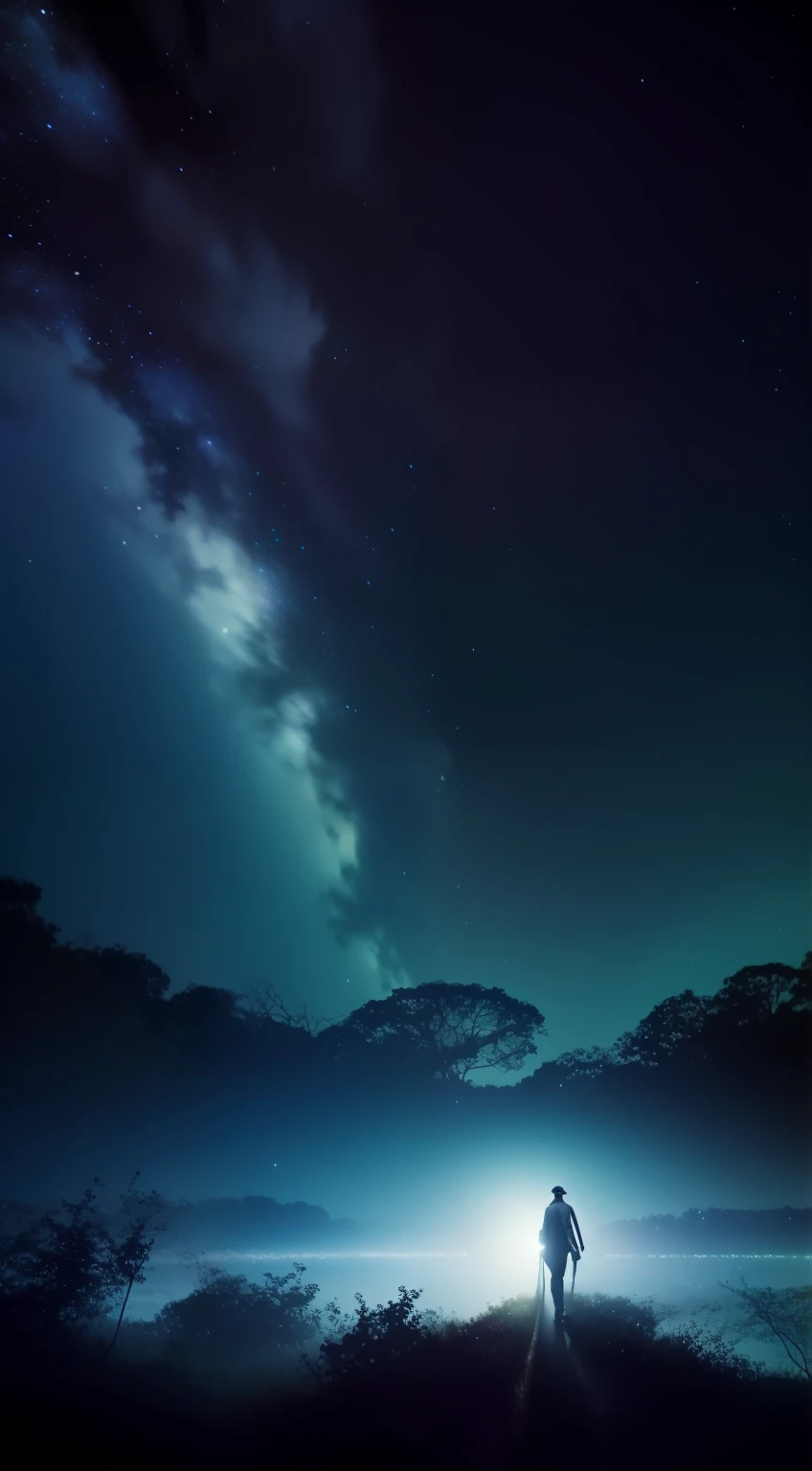 Man de olhos vendados, andando por uma floresta densa, fantasia noite e escura, Starry Sky, 8k imagem perfeita, melhor qualidade