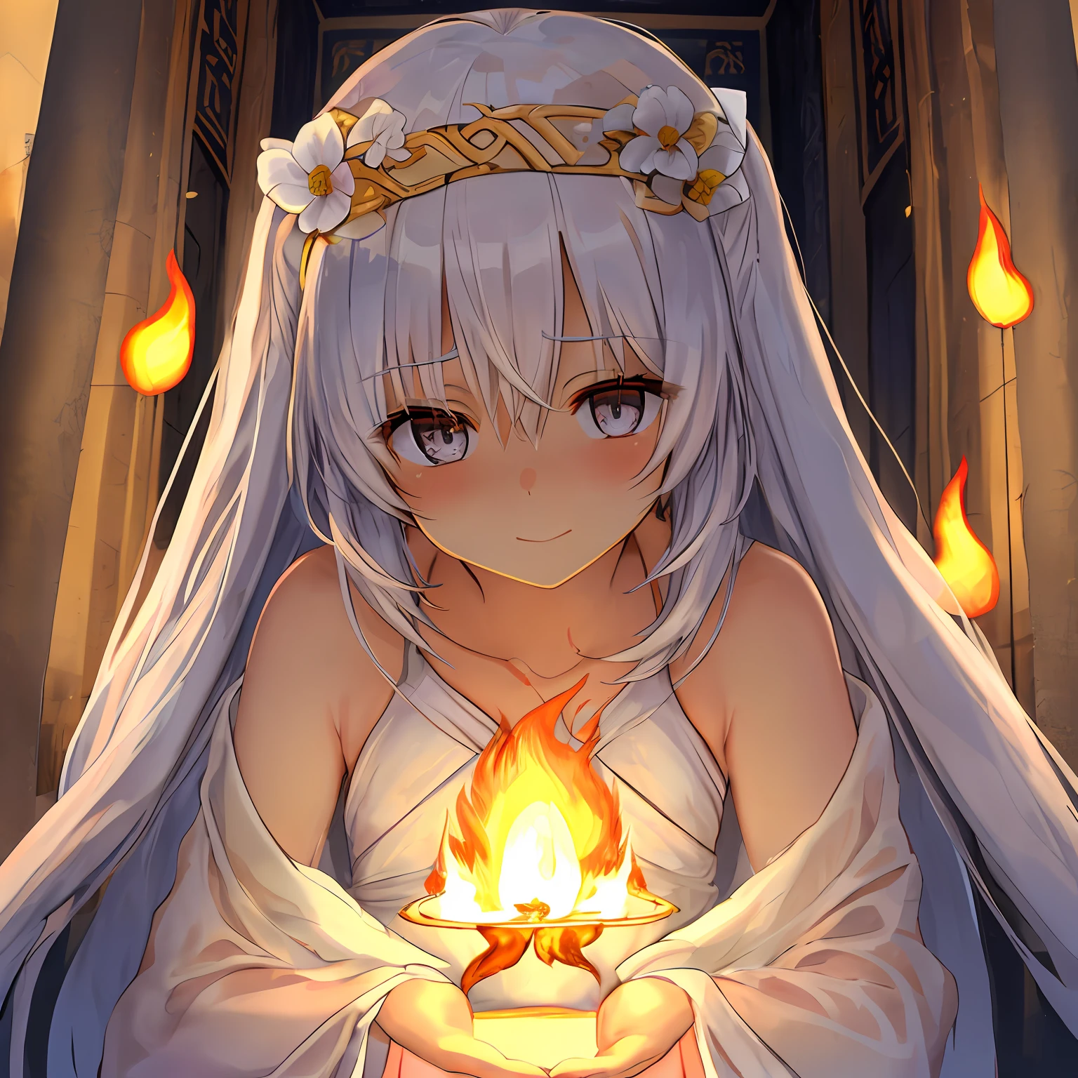 Olhos compassivos que transmitem empatia, understanding and serenity and a small flame or a stylized flame, Shining within the iris of compassionate eyes