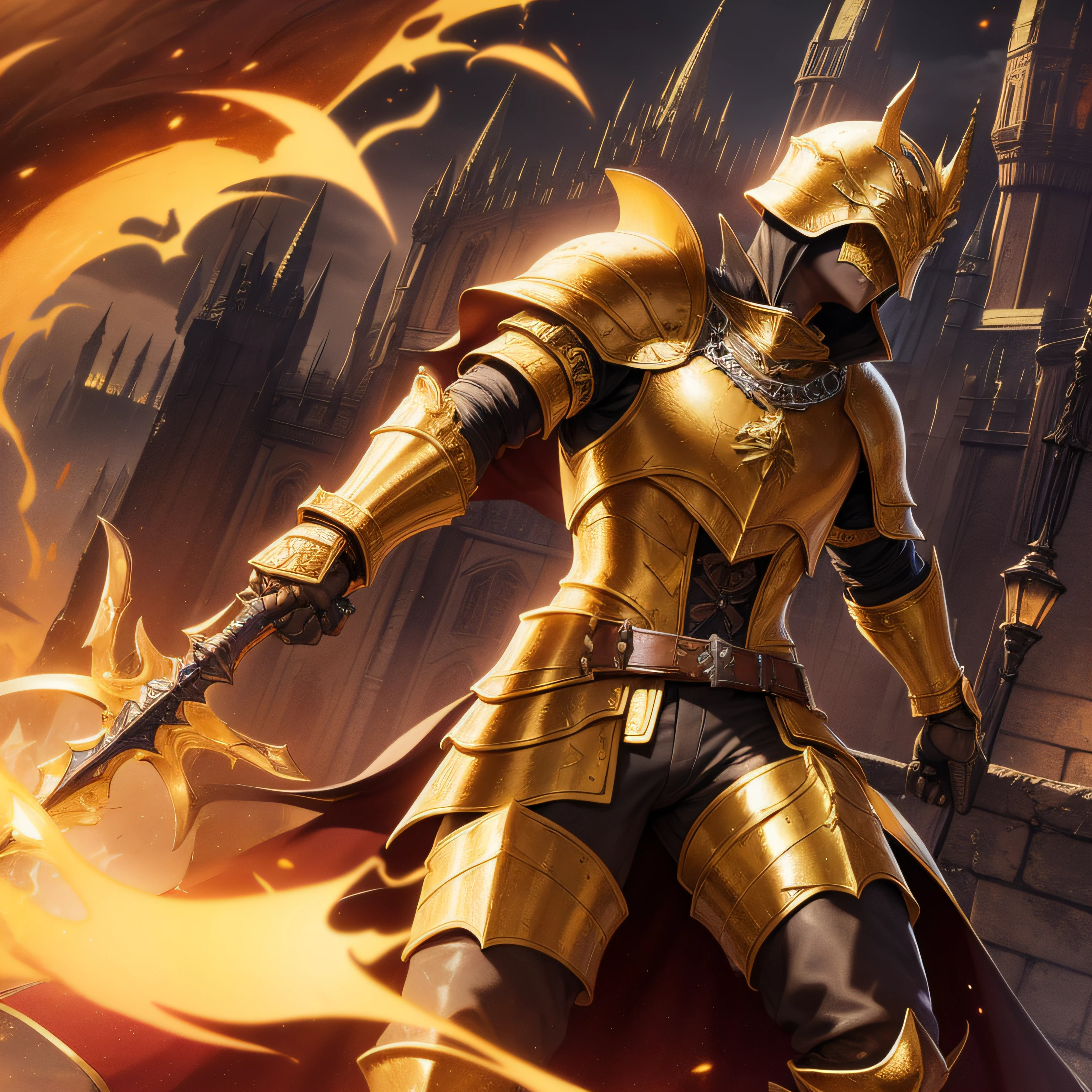 um guerreiro estilo de armadura fantasia, Golden armor with lots of reflection and a shadowy castle behind in the style of the game blood borne