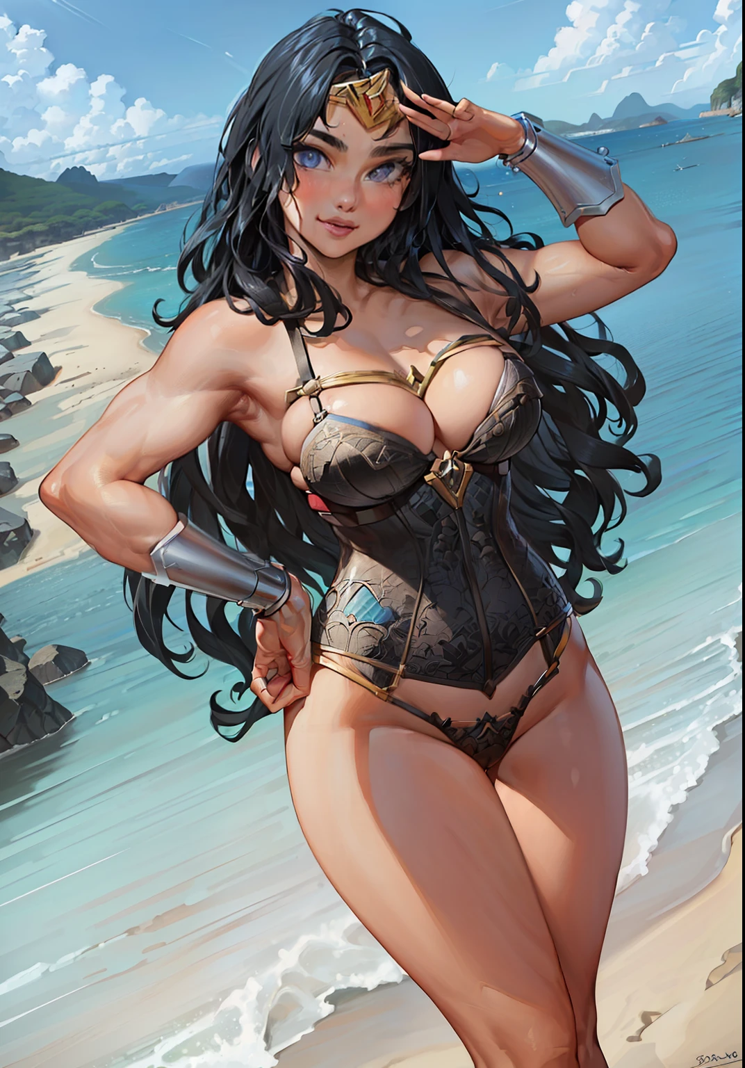 (WonderWaifu:1), smile, cute, cute pose, looking at viewer, thick thighs, (black lingerie:1.4), hands on hips, 
(realistic:1.2), (realism), (masterpiece:1.2), (best quality), (ultra detailed), (8k, 4k, intricate),(full-body-shot:1),(Cowboy-shot:1.2), (85mm),light particles, lighting, (highly detailed:1.2),(detailed face:1.2), (gradients), sfw, colorful,(detailed eyes:1.2),
(detailed ladscape, sea, beach:1.2),(detailed background),detailed landscape, (dynamic angle:1.2), (dynamic pose:1.2), (rule of third_composition:1.3), (Line of action:1.2), wide shot, daylight, solo,