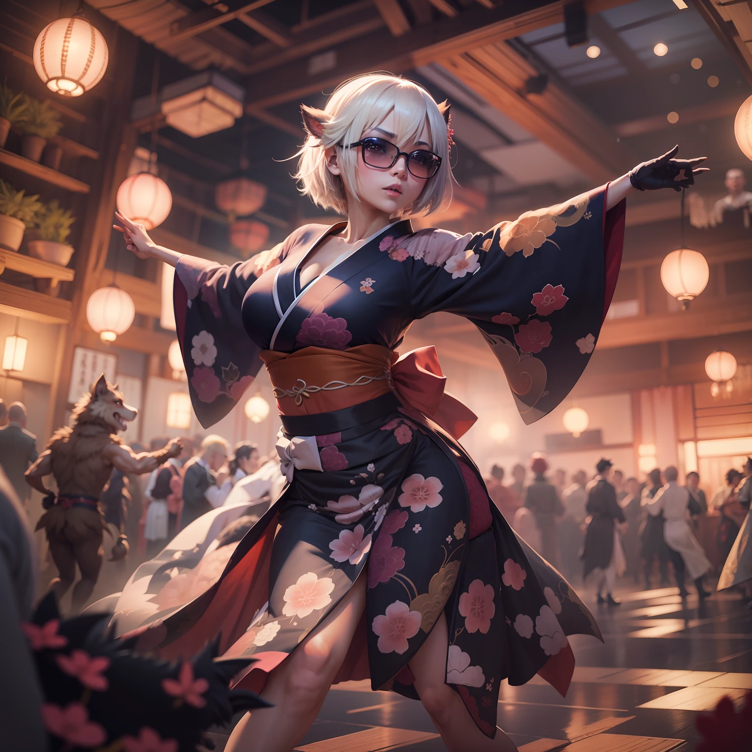 2B dancing at a ball wearing a beautiful Japanese kimono along with a giant gnoll.