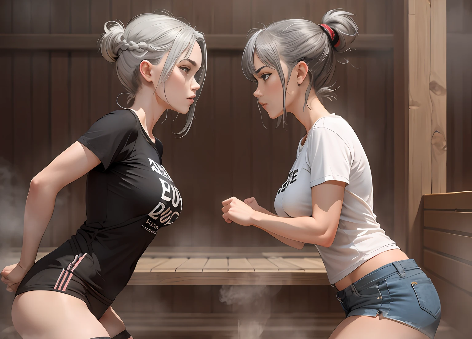 2girls, fighting stance, (from side)--, grey hair, brown eyes, braid, short hair, t-shirt, casual, thighhighs, sauna