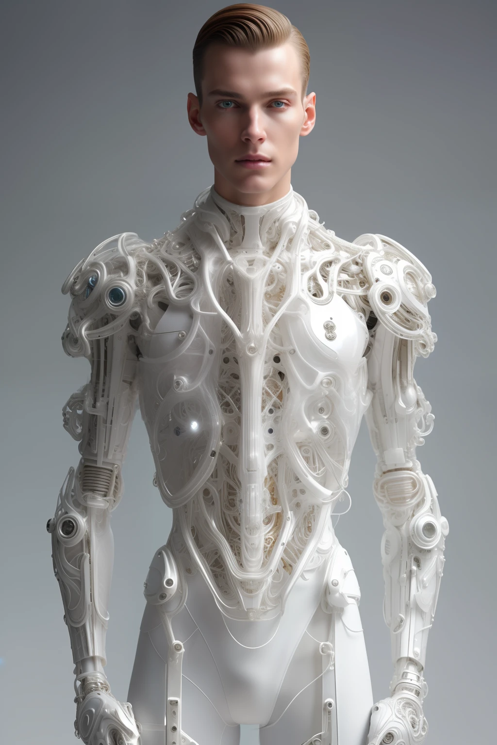 organic cyborg, male, white plastic, diffused lighting, fantasy, intricate, elegant, dressed in shiny dior tailored suit with jewelry details, highly detailed, realistic, photorealistic, digital painting, art station, illustration, concept art, soft, sharp focus, art by John Collier and Albert Aublet and Krenz Cushart and Artem Demura,