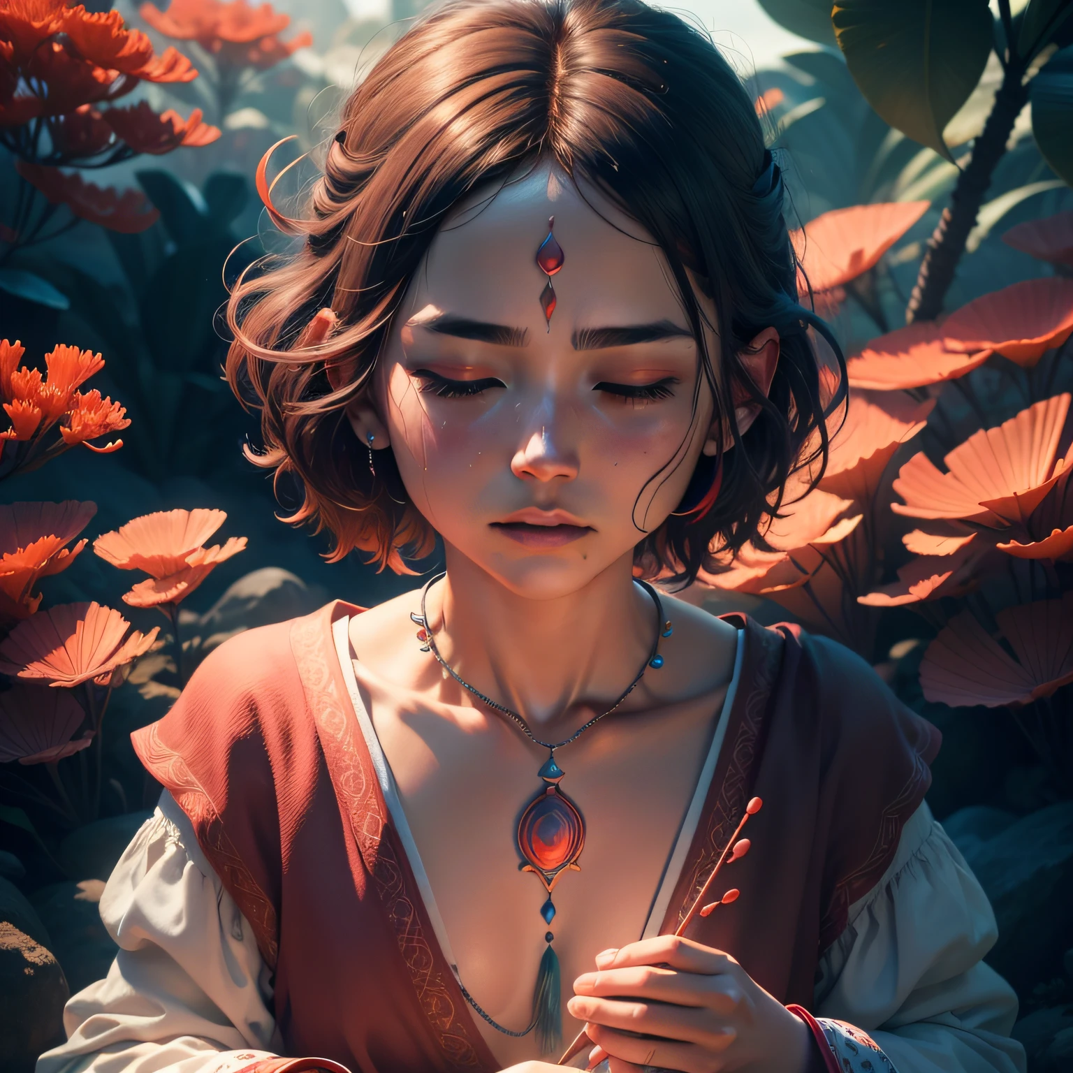 Um monge budista meditando Pelo fluxo, your colorful strands of corals are coming out The facial expression is peaceful, Hyper realistic cinematic lighting super details skin texture is a lot of detail, 3D, 8K, cinematic picture