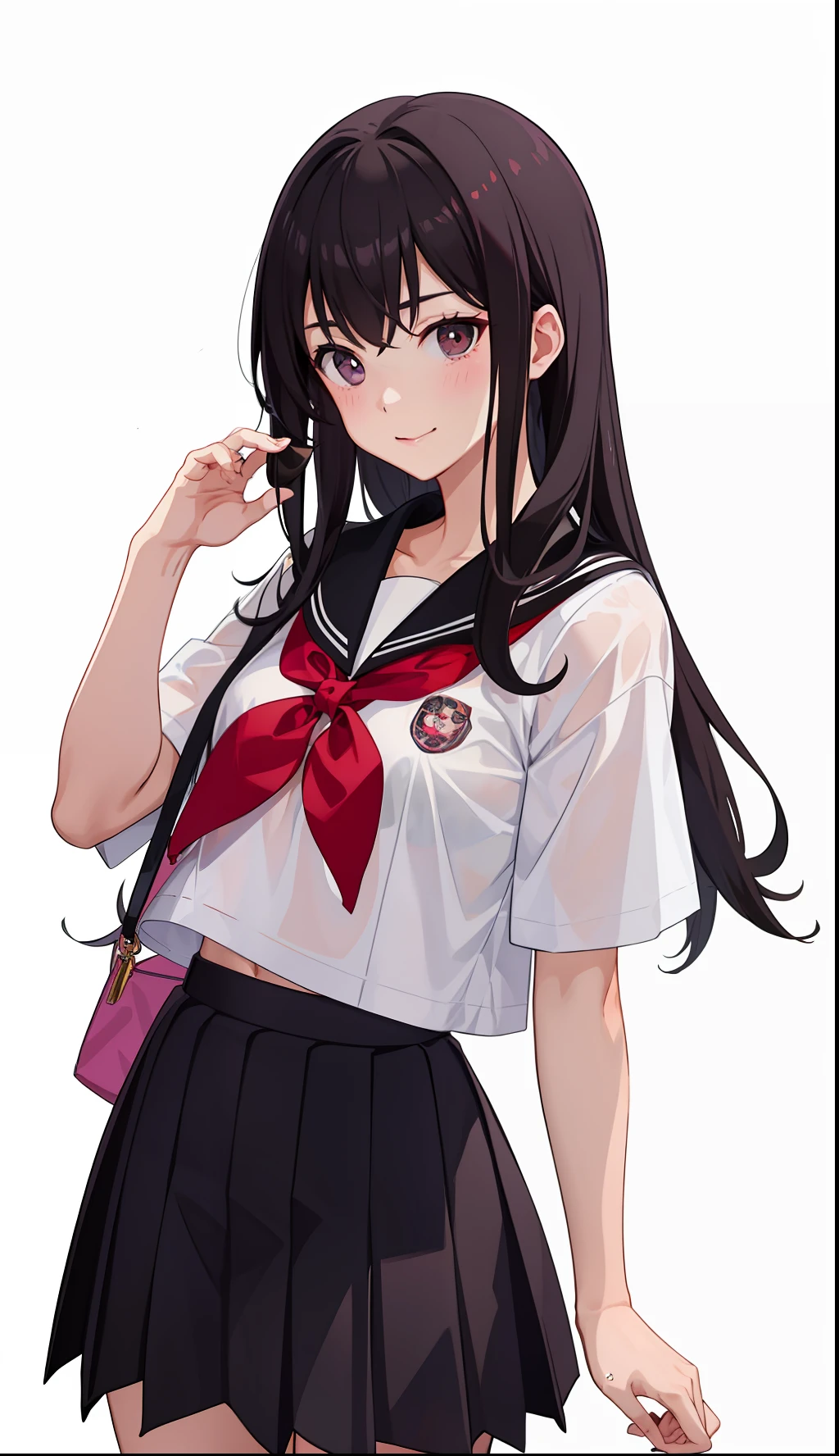 1girl in、A smile、The shirt、skirt by the、（small tits）Chilarism、Japan High School Student Uniform、serafuku、summer clothing、Squall Drenched Uniform、（Sheer Bra）、Upper body portrait、