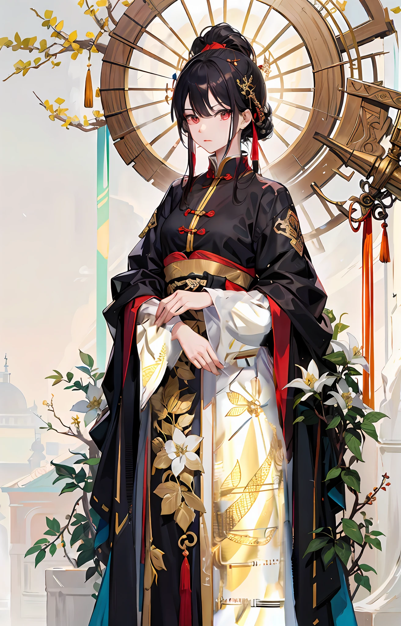 Gold pattern on clothes，Hung with red trim around the waist，Chinese outfit