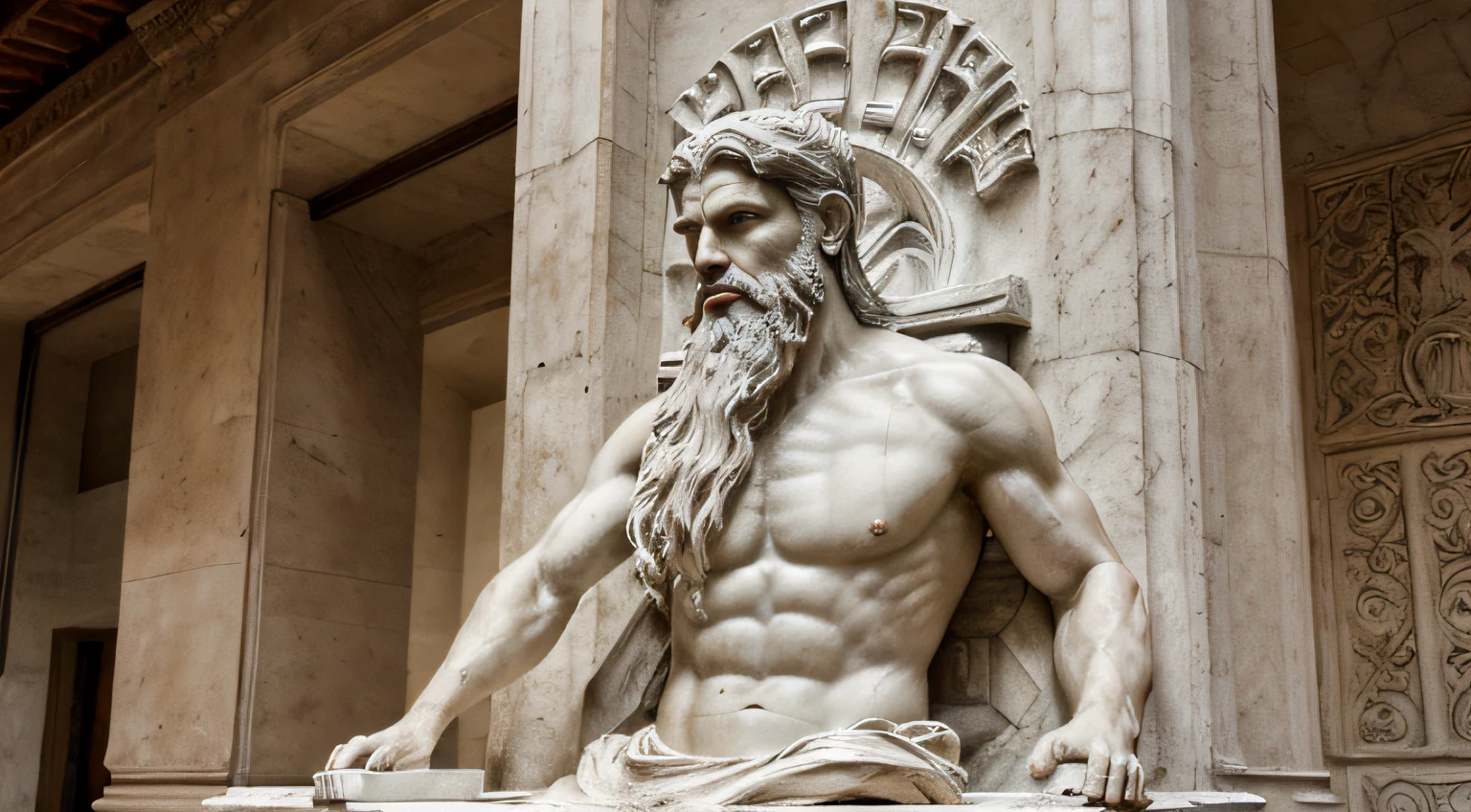 A magnificent statue depicting a stoic man, resembling the godlike presence of Zeus, with a majestic flowing beard. The statue is crafted in stunning white and silver, evoking the essence of inner peace found in the serene retreats of Rome.