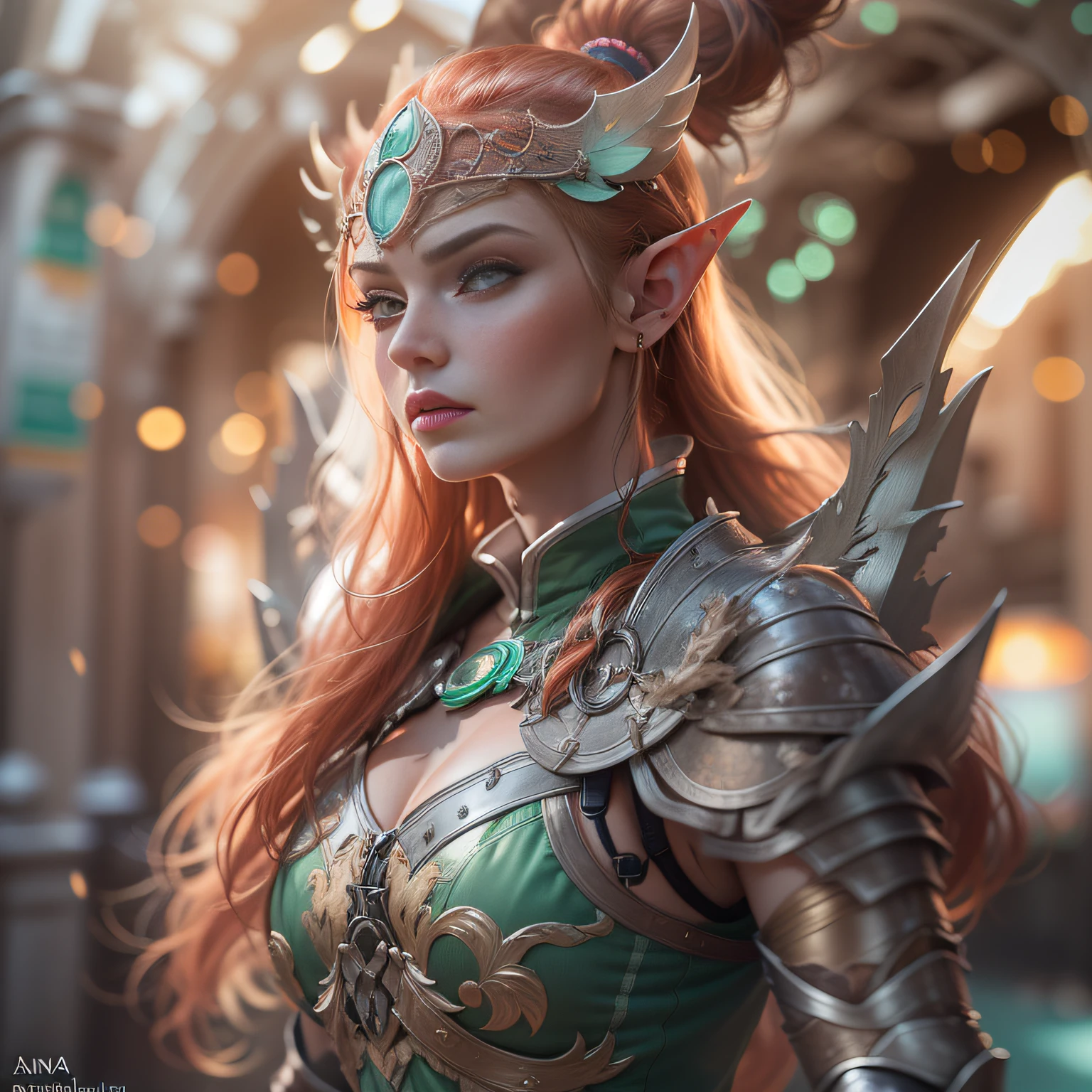 Ultra photo realsisim, Ultra-detailed photo of a female elf warrior, Looks like Sophie Turner, ((Jade ocean:1.25)), Silver plate armor, Shiny, sunlight fractal details, (Anna Steinbauer:1.5), Depth of field, Just faces, only face, HOF, hall of fame, Detailed gorgeous face, apocalyptic environment, natural body posture, Profesional photogarpher, captured with a professional DSLR camera, trending on artstationh, 64k, Ultra detailed, ultra-precise detail, bokeh lighting, surrealism, Thomas Kinkade background, urban, ultra unreal engine, ((Pauline Voß)), ((Pascal Quidault)), ((Anna Helme)), Martina Fackova, Intricate, Epic, freckle, peach fuzz, detailed mascara