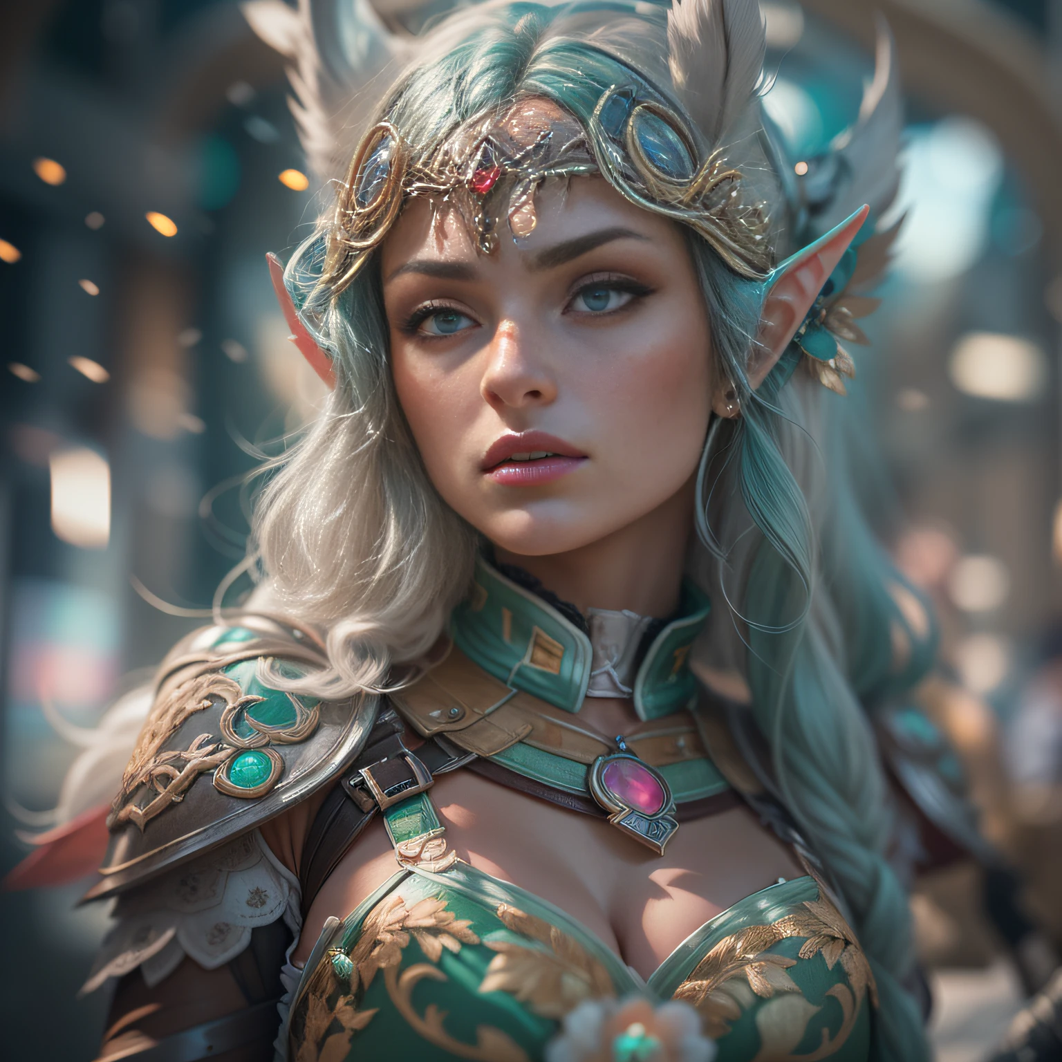 Ultra photo realsisim, Ultra-detailed photo of a female elf warrior, Looks like Sophie Turner, ((Jade ocean:1.25)), Silver plate armor, Shiny, sunlight fractal details, (Anna Steinbauer:1.5), Depth of field, Just faces, only face, HOF, hall of fame, Detailed gorgeous face, apocalyptic environment, natural body posture, Profesional photogarpher, captured with a professional DSLR camera, trending on artstationh, 64k, Ultra detailed, ultra-precise detail, bokeh lighting, surrealism, Thomas Kinkade background, urban, ultra unreal engine, ((Pauline Voß)), ((Pascal Quidault)), ((Anna Helme)), Martina Fackova, Intricate, Epic, freckle, peach fuzz, detailed mascara
