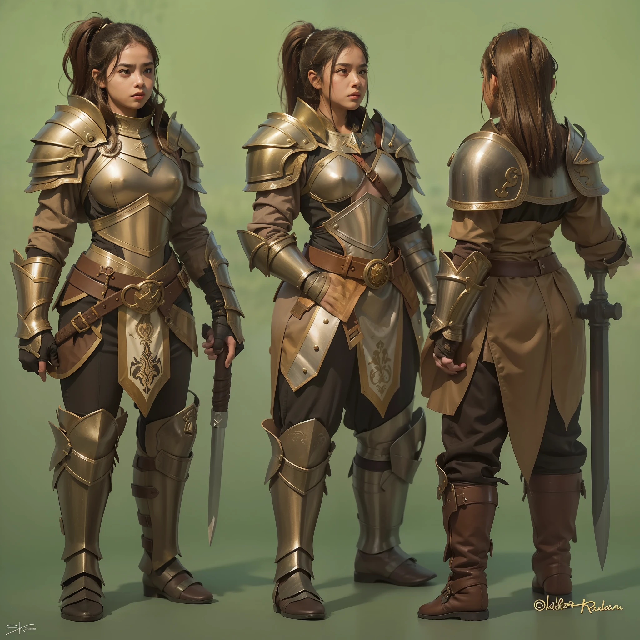 A female dwarf with a tan-brown skin tone and hair, a stout and round body shape, carrying a hammer on her shoulder, and dressed in knight armor can be described as follows:

1. Skin tone: The female dwarf has a tan-brown complexion, giving her a warm and earthy appearance.

2. Hair color: Her hair is also a shade of brown, matching her skin tone. It is likely short and sturdy, reflecting the practical nature of dwarves.

3. Body shape: She has a stout and round body shape, typical of dwarves. Her proportions emphasize strength and durability.

4. Weapon: The female dwarf carries a hammer on her shoulder, a symbol of her prowess in battle. The hammer is likely large and sturdy, suitable for use by a dwarf.

5. Knight armor: She is adorned in knight armor, highlighting her skill and dedication to combat. The armor is likely forged with metal plates, providing both protection and an imposing appearance.

Overall, this female dwarf embodies the resilience and determination often associated with dwarves. Her tan-brown complexion, sturdy hair, stout body shape, and knight armor project an image of strength, ready to face any challenge that comes her way.