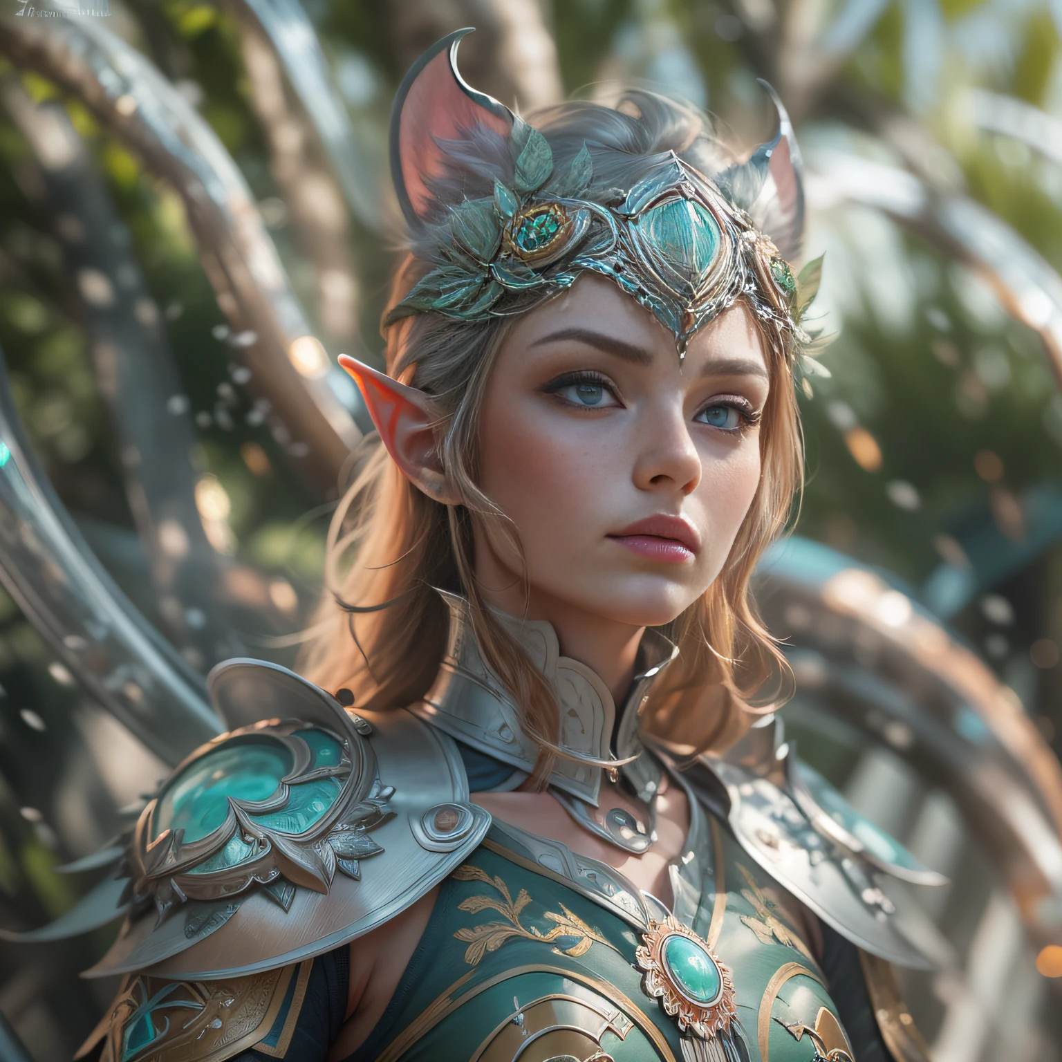 Ultra photo realsisim, Ultra-detailed photo of a female elf warrior, Looks like Sophie Turner, ((Jade ocean:1.25)), Silver plate armor, Shiny, sunlight fractal details, (Anna Steinbauer:1.5), Depth of field, Just faces, only face, HOF, hall of fame, Detailed gorgeous face, apocalyptic environment, natural body posture, Profesional photogarpher, captured with a professional DSLR camera, trending on artstationh, 64k, Ultra detailed, ultra-precise detail, bokeh lighting, surrealism, Thomas Kinkade background, urban, ultra unreal engine, ((Pauline Voß)), ((Pascal Quidault)), ((Anna Helme)), Martina Fackova, Intricate, Epic, freckle, peach fuzz, detailed mascara