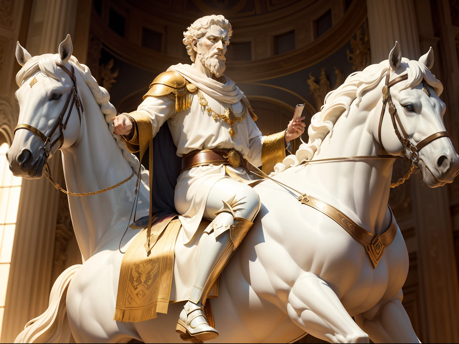 The white marble statue depicts the emperor astride an imposing horse, ambos em perfeita harmonia. O cavalo, esculpido com maestria, it seems to come to life with every detail meticulously carved into his coat and powerful muscles. Seus olhos parecem emitir um brilho intenso, reflecting the courage and determination of his knight. Marcus Aurelius, por sua vez, sentado de modo majestoso sobre a sela, transmite uma aura de serenidade e sabedoria. Seu rosto, carved with precision, exhibits striking features and a contemplative expression. A barba bem cuidada e os olhos penetrantes revelam a profundidade de sua filosofia estoica. Dress with richly decorated carved tunics, He holds a book in one hand, simbolizando seu amor pelo conhecimento e sua busca constante pela verdade. Every detail of the statue is painstakingly worked out, from the pleats of the robes to the smallest details of the saddle and reins. A luz do sol incide sobre a escultura, highlighting the shadows and revealing the smooth, polished texture of white marble. This work of art is truly imposing, evoking a sense of reverence and admiration for the greatness of Emperor Marcus Aurelius and his Stoic philosophy. It represents strength, Wisdom and the pursuit of excellence, as an eternal testimony to the greatness of the Roman Empire."