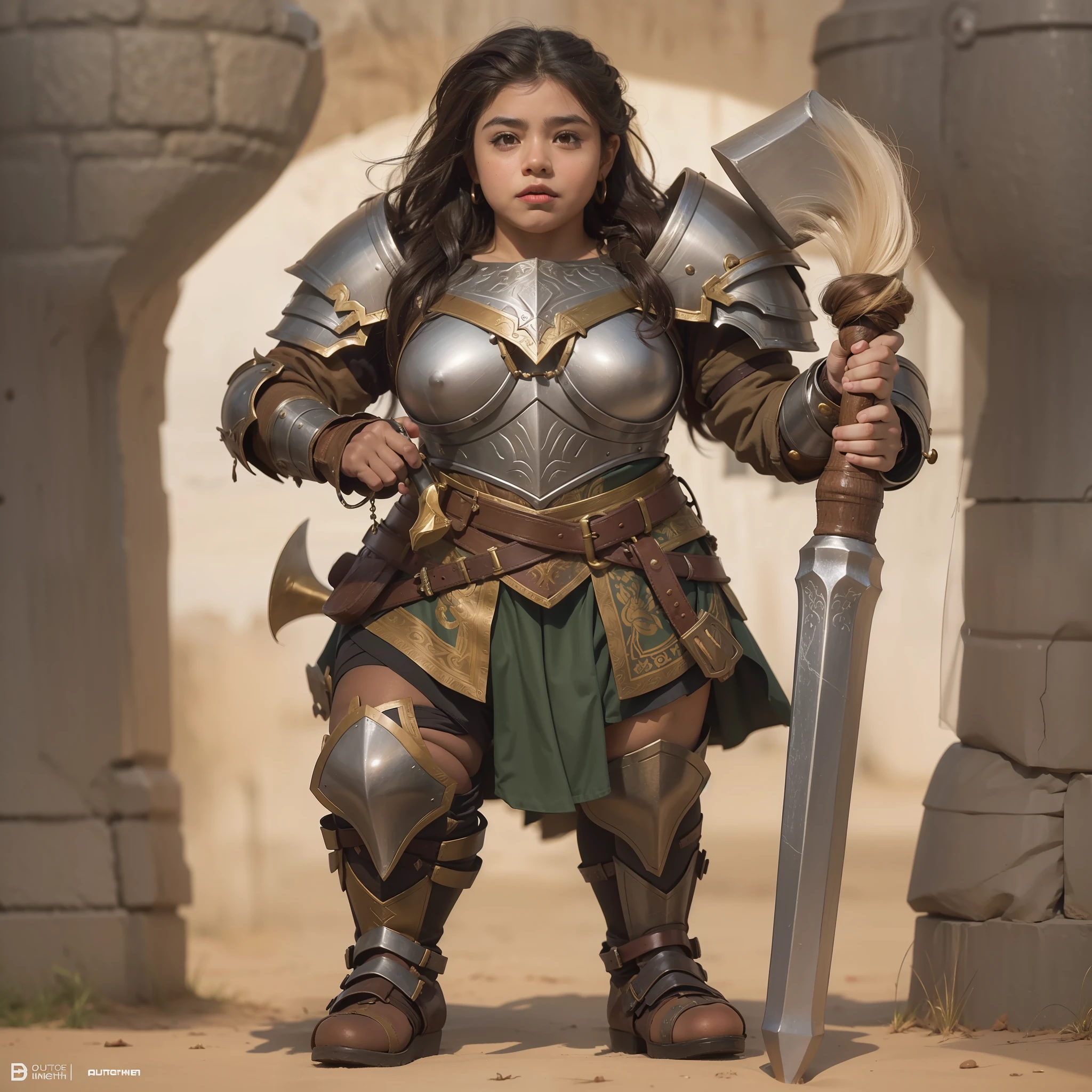 A female dwarf with a tan-brown skin tone and hair, a stout and round body shape, carrying a hammer on her shoulder, and dressed in knight armor can be described as follows:
1. Skin tone: The female dwarf has a tan-brown complexion, giving her a warm and earthy appearance.
2. Hair color: Her hair is also a shade of brown, matching her skin tone. It is likely short and sturdy, reflecting the practical nature of dwarves.
3. Body shape: She has a stout and round body shape, typical of dwarves. Her proportions emphasize strength and durability.
4. Weapon: The female dwarf carries a hammer on her shoulder, a symbol of her prowess in battle. The hammer is likely large and sturdy, suitable for use by a dwarf.
5. Knight armor: She is adorned in knight armor, highlighting her skill and dedication to combat. The armor is likely forged with metal plates, providing both protection and an imposing appearance.
Overall, this female dwarf embodies the resilience and determination often associated with dwarves. Her tan-brown complexion, sturdy hair, stout body shape, and knight armor project an image of strength, ready to face any challenge that comes her way.