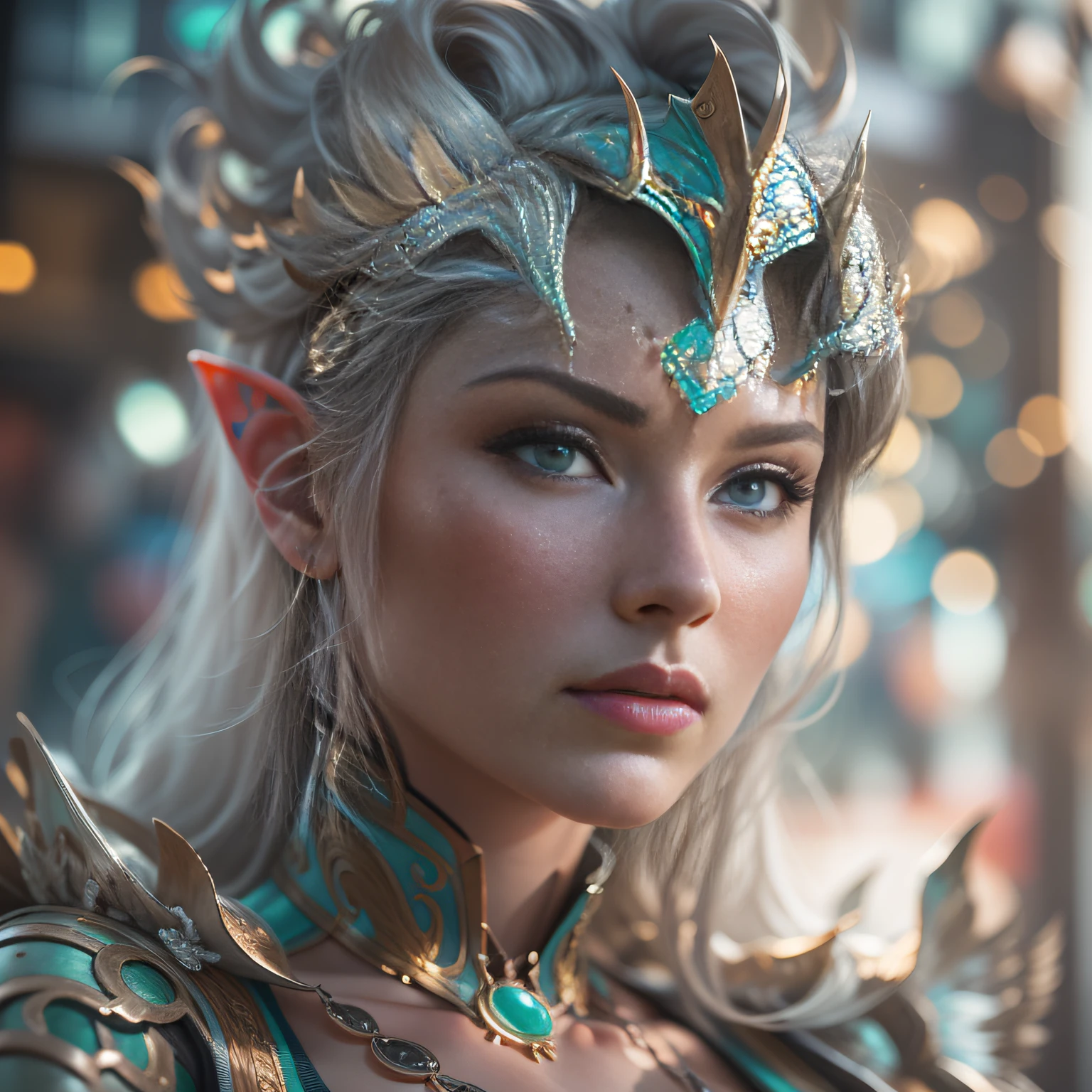 Ultra photo realsisim, Ultra-detailed photo of a female elf warrior, Looks like Sophie Turner, ((Jade ocean:1.25)), Silver plate armor, Shiny, sunlight fractal details, (Anna Steinbauer:1.5), Depth of field, Just faces, only face, HOF, hall of fame, Detailed gorgeous face, apocalyptic environment, natural body posture, Profesional photogarpher, captured with a professional DSLR camera, trending on artstationh, 64k, Ultra detailed, ultra-precise detail, bokeh lighting, surrealism, Thomas Kinkade background, urban, ultra unreal engine, ((Pauline Voß)), ((Pascal Quidault)), ((Anna Helme)), Martina Fackova, Intricate, Epic, freckle, peach fuzz, detailed mascara