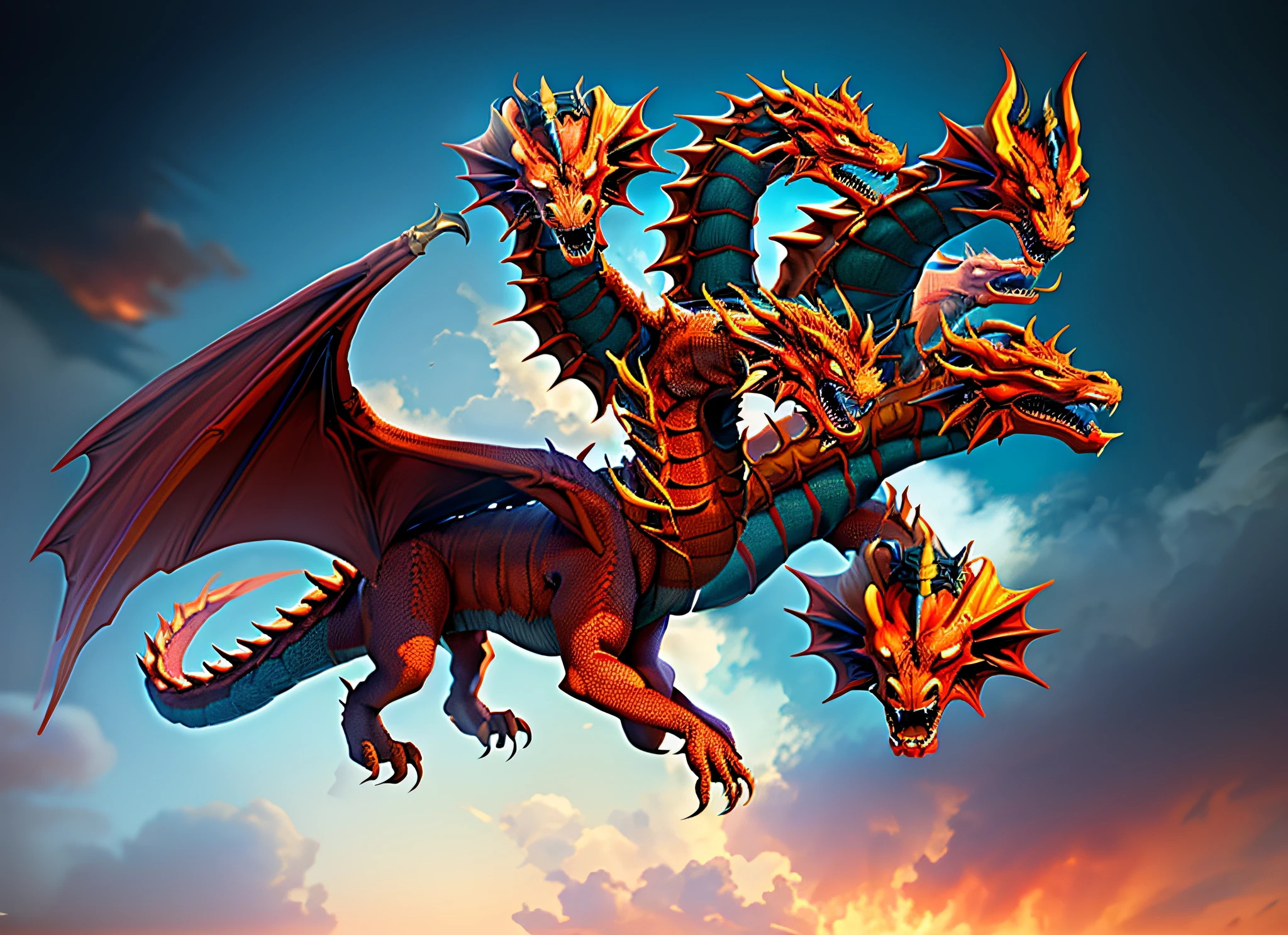 ultra-wide photo :: an awe-inspiring depiction of a red dragon with seven heads : ((Conjoining heads)), its seven menacing heads crowned with diadems, and its scaly body adorned with fiery red hues. Each head gazes intently with piercing eyes, exuding a malevolent aura that evokes dread and terror. The dragon's serpentine form coils with power, ready to unleash its destructive might. In the WHITE background.