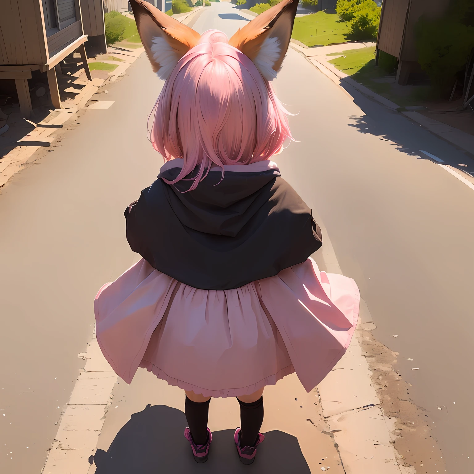 Create a drawing of a small girl, about 10 years old, with pink hair, brown fox ears, and brown fox tail, from the back, in high resolution and realism,