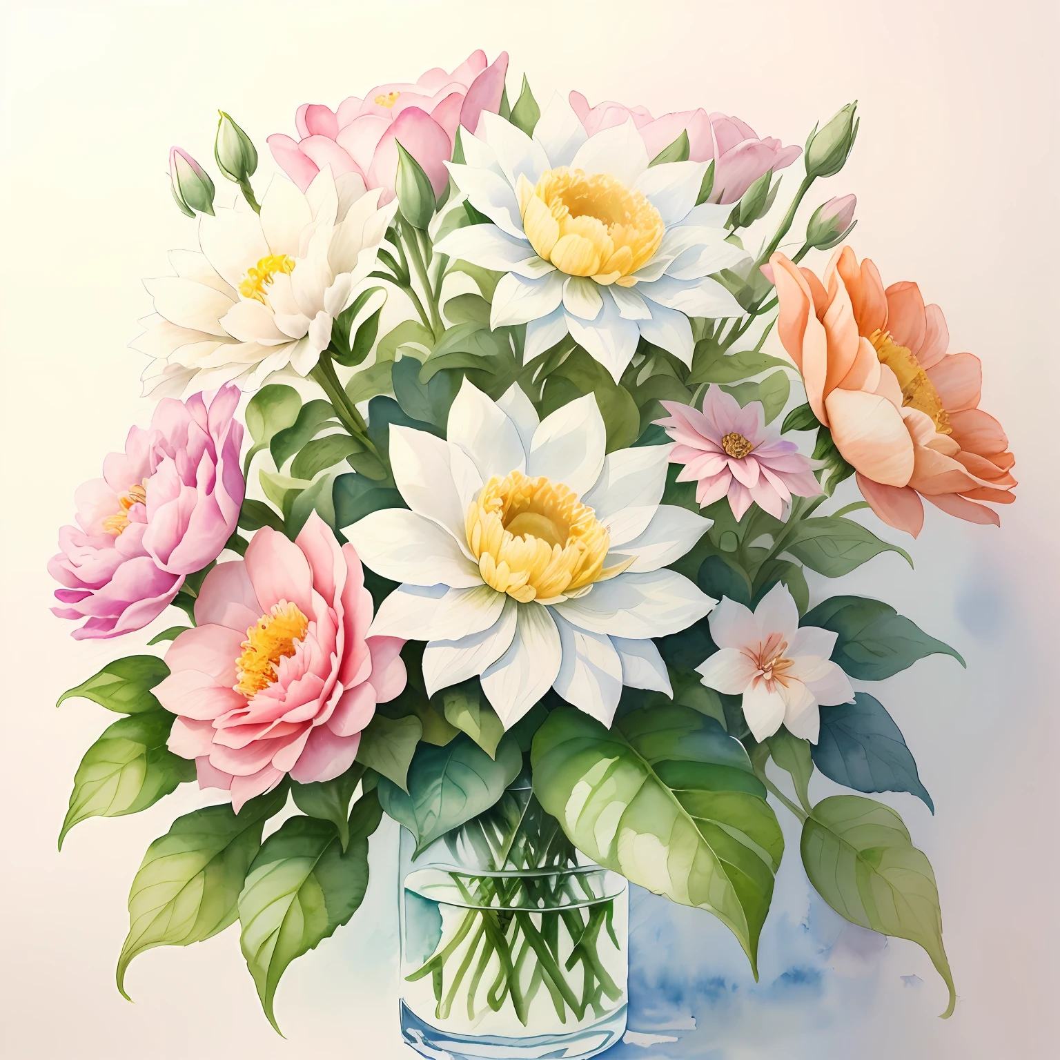 Watercolor flowers with delicate white background of pastel colors