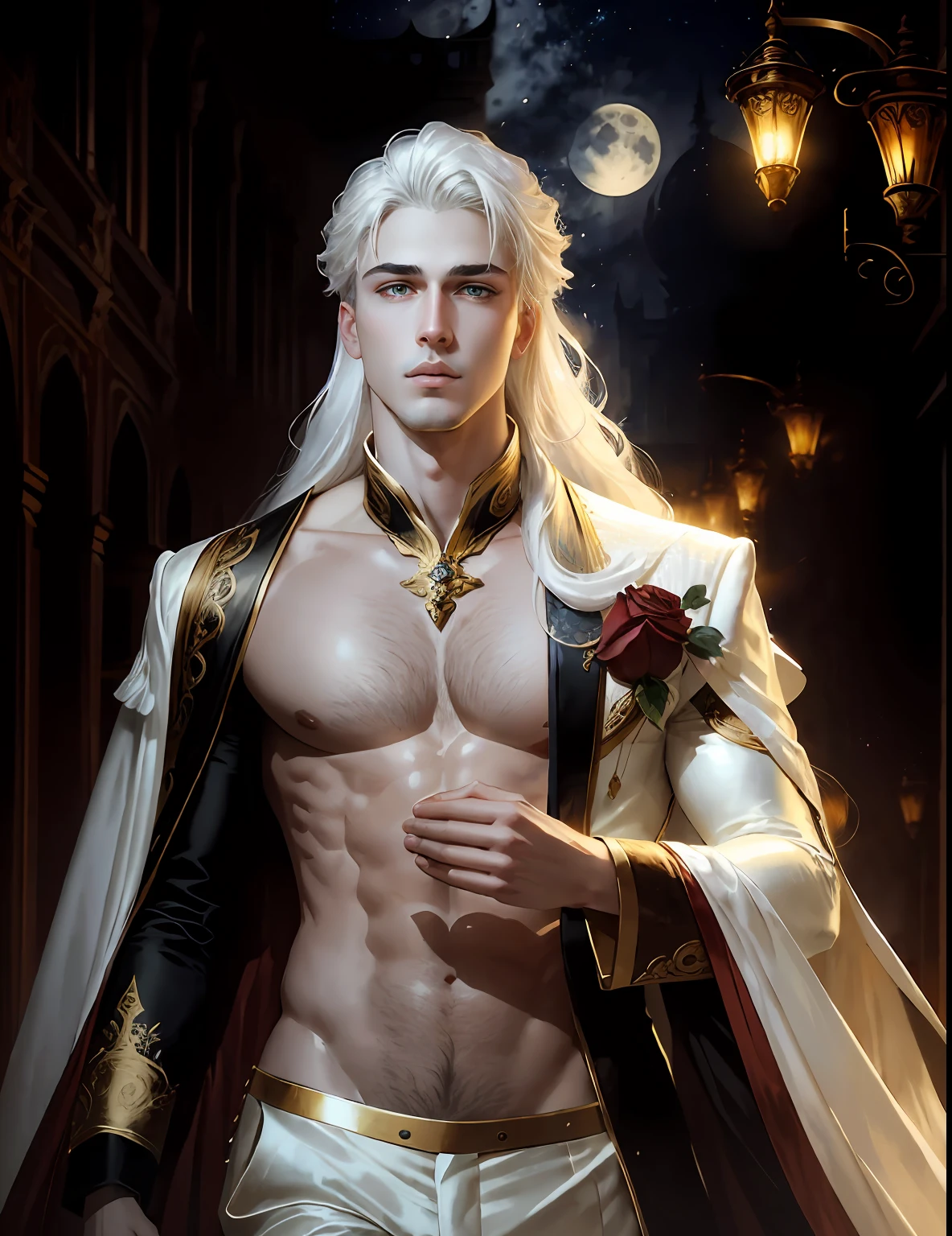 masterpiece, highest quality, (solo focus), (perfect face:1.1), (high detail:1.1),dramatic, 1guy, (pale skin), long white hair, white eyes, [light eyebrows], solo, long hair, moon, night, white luxury suit, covered navel, pouty lips, (beauty marks),  palace, detailed background, art by artgerm and greg rutkowski,  cinematic lighting, roses, suggestive