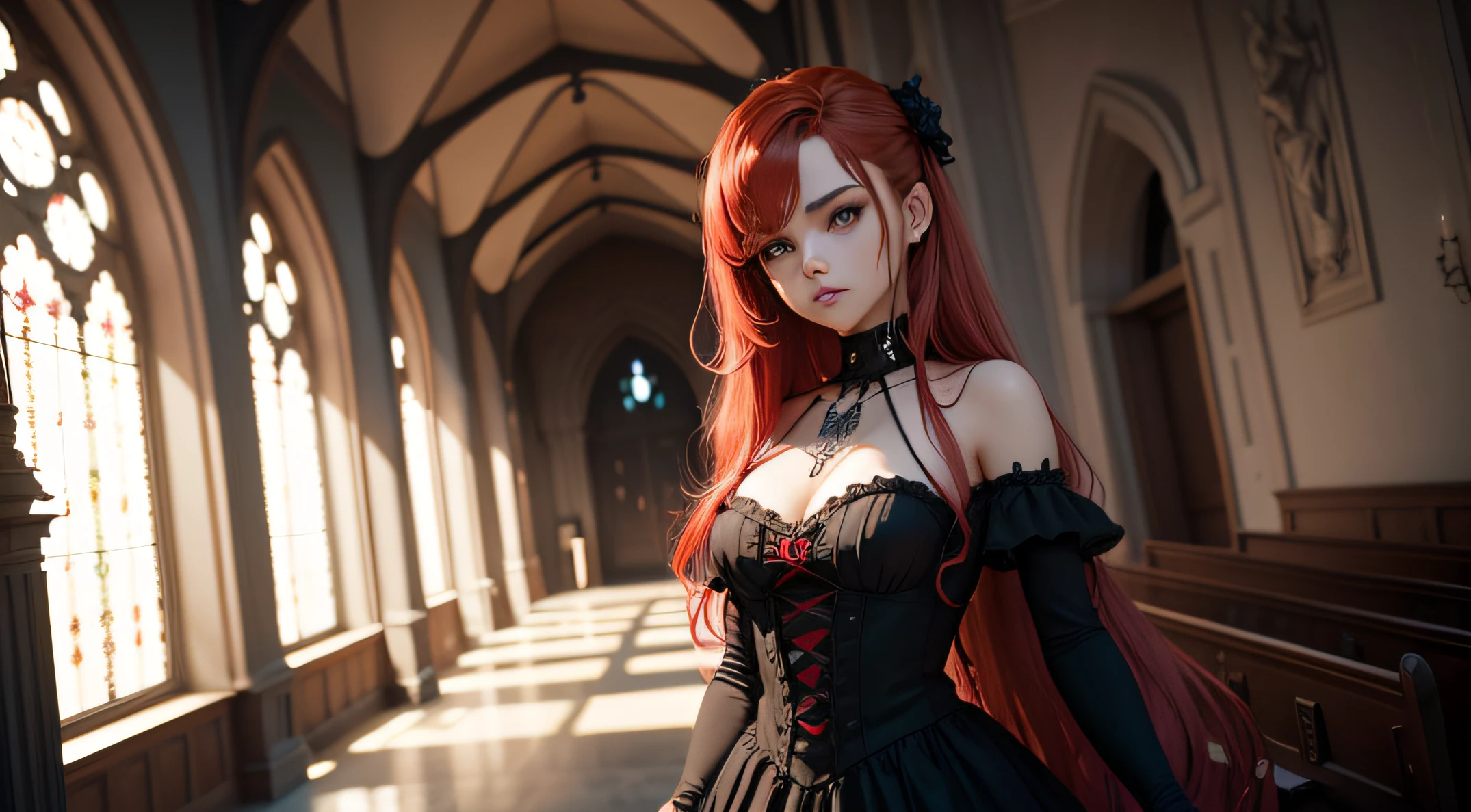 Desenhe uma jovem mulher, ((1menina: 1.2)), Estilo anime bem detalhado, (( Red Hair )), Gothic dress, espartilho, gothic aesthetic, spikes, caveiras, piano de ossos, seios enormes, tatuagem no ombro, ombros aparentes, interior Gothic church --auto