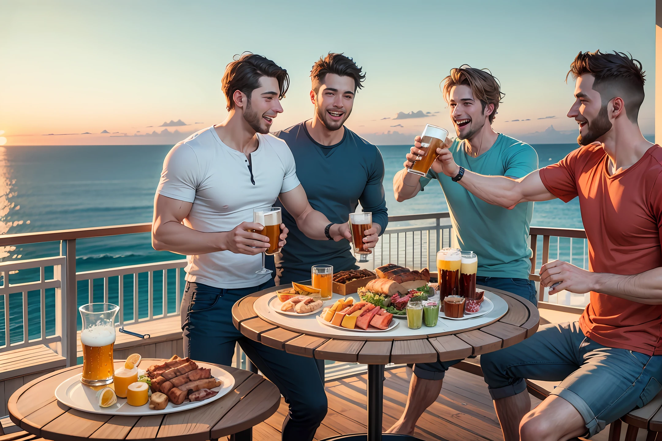 four guys, very happy male, 30 years old, drinking beer, having a party and barbecue on the outside balcony of a three-story house overlooking the sea, realistic style --auto --s2