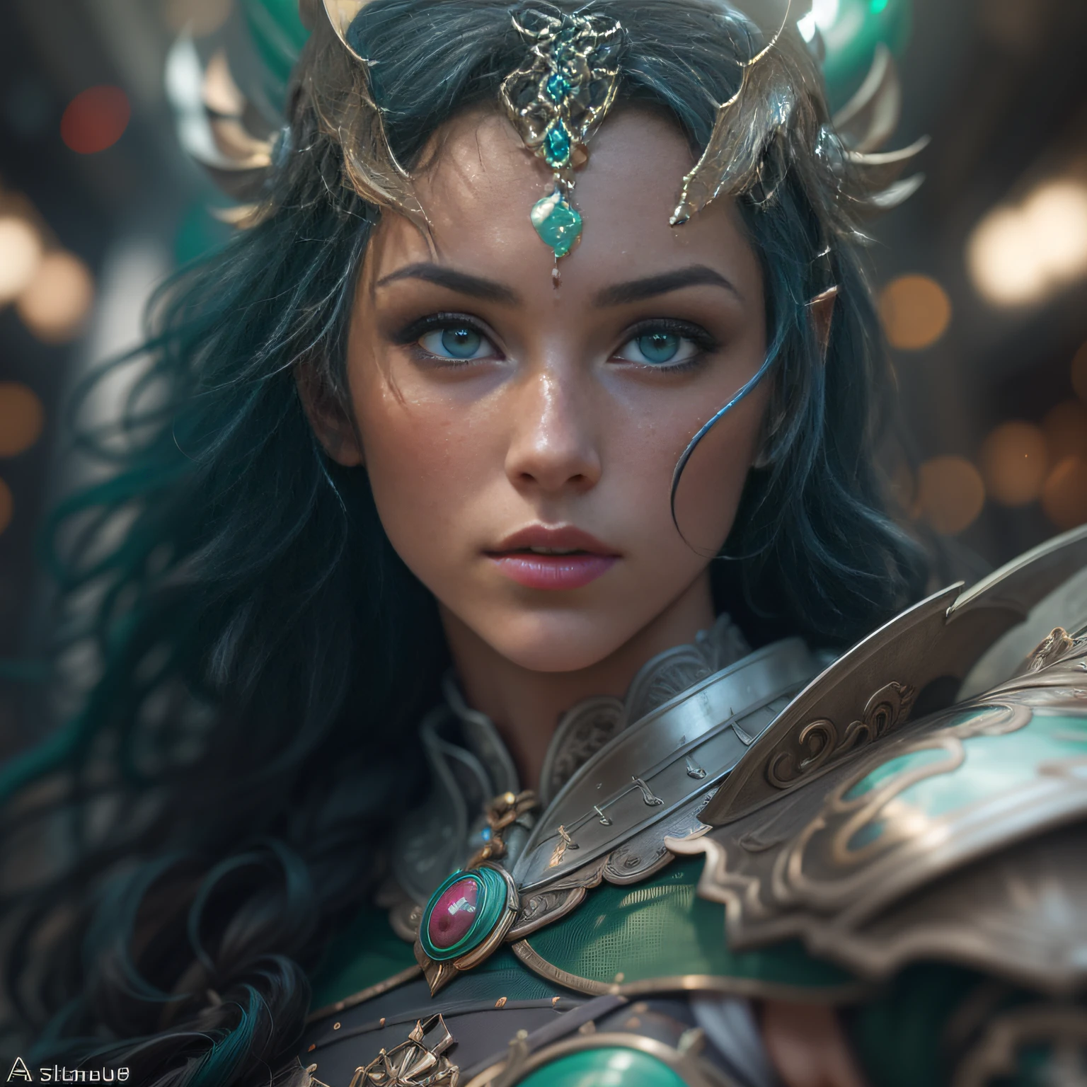 hyper realistic, ultra detailed photograph of a warrior female elf, look like sofie turner, ((Jade ocean:1.25)), silver plate armor, shiny, sunlight fractal details, (Anna Steinbauer:1.5), depth of field, juste face, only face, HOF, hall of fame, detailed gorgeous face, apocalyptic environment, natural body posture, professional photographer, captured with professional DSLR camera, trending on Artstation, 64k, ultra detailed, ultra accurate detailed, bokeh lighting, surrealism, Thomas Kinkade background, urban, ultra unreal engine, ((Pauline Voß)), ((Pascal Quidault)), ((Anna Helme)), Martina Fackova, intricate, epic, freckles, peach fuzz, detailed mascara