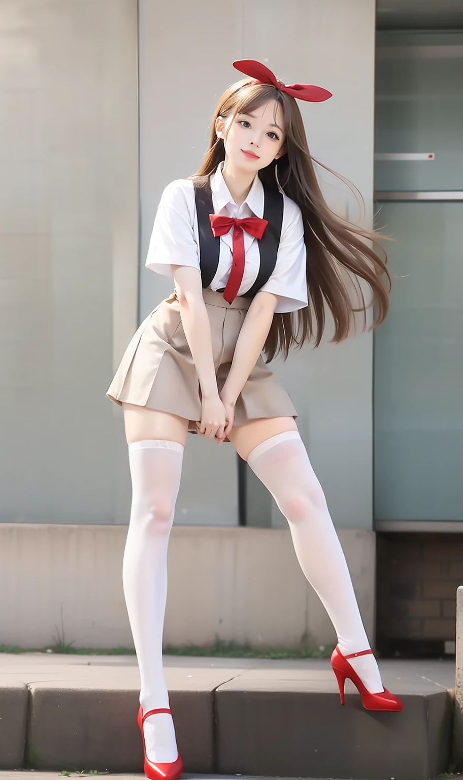 Fair complexion，Enlarge the chest and buttocks，hand on knee，Anterior and upturned figure，All heels must be exposed，Must be a full-body photo of only one person，Golden hair，long eyelasher，A shallow smile，Blushlush，red pupils，super detailing，Best quality at best，red and white school uniform，JK uniform short skirt，White lace knee socks，Stockings combine perfectly with clothes，high-heels，An oversized red velvet bow is worn on his head