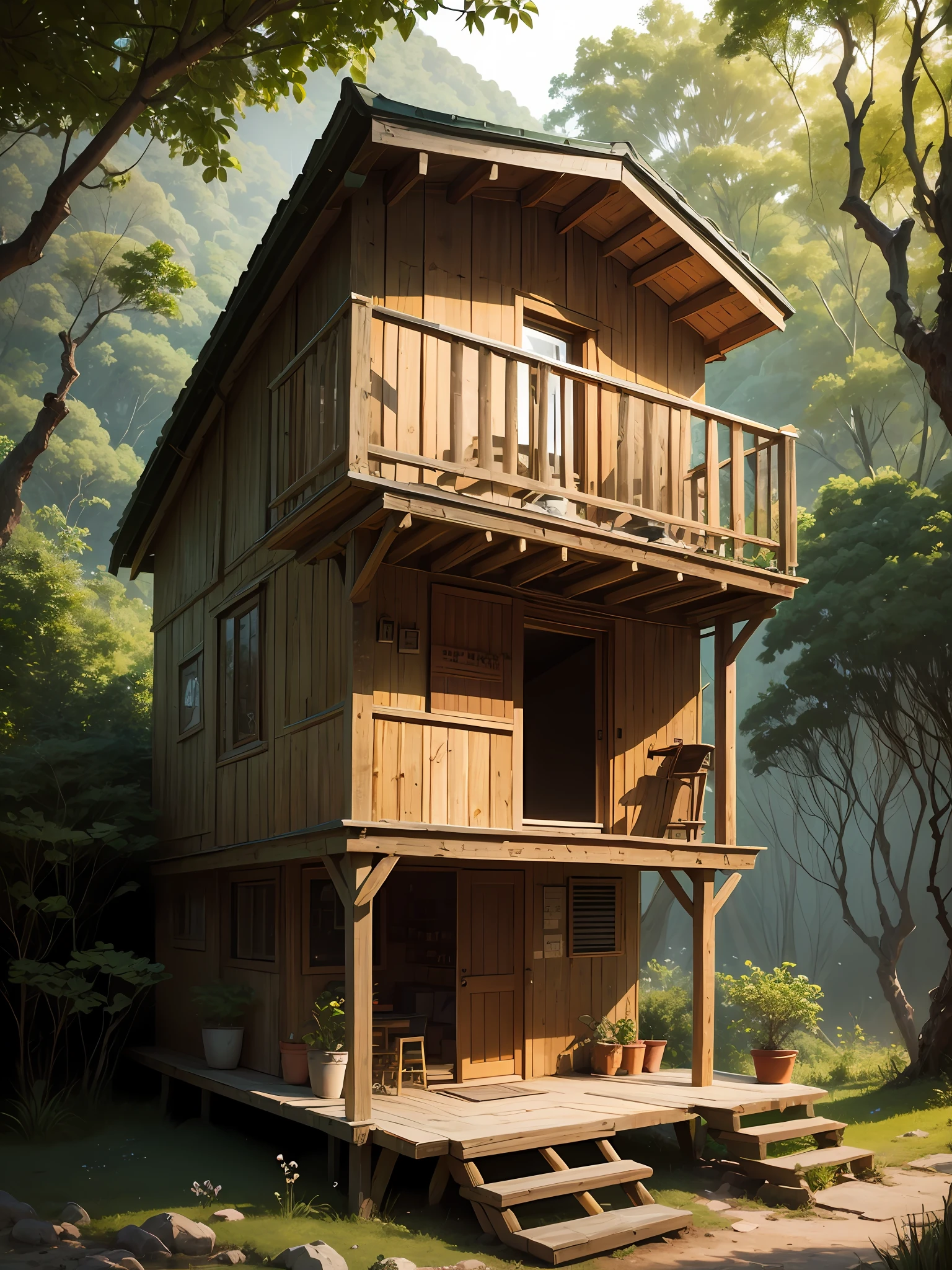 Linda noite na selva, cachoeira, cercada de flores silvestres. a small hut with one person standing on its balcony, vista de longe. obra-prima, melhor qualidade, alta detalhada